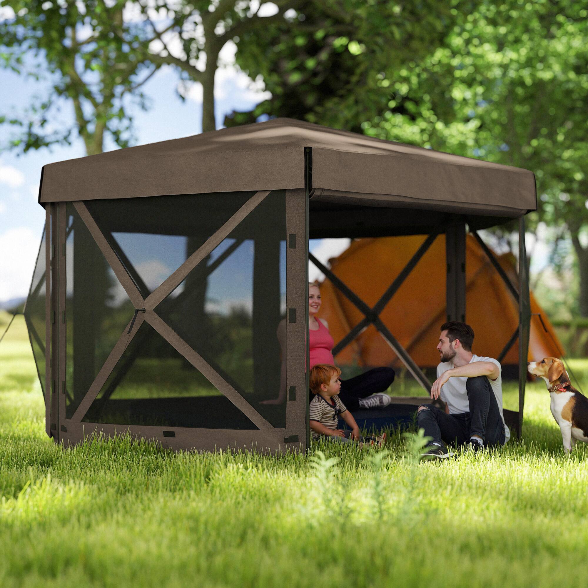 Alt View 1. Outsunny - x 12' Hexagonal Pop Up Gazebo Canopy Tent with 5 Sidewalls - Brown.