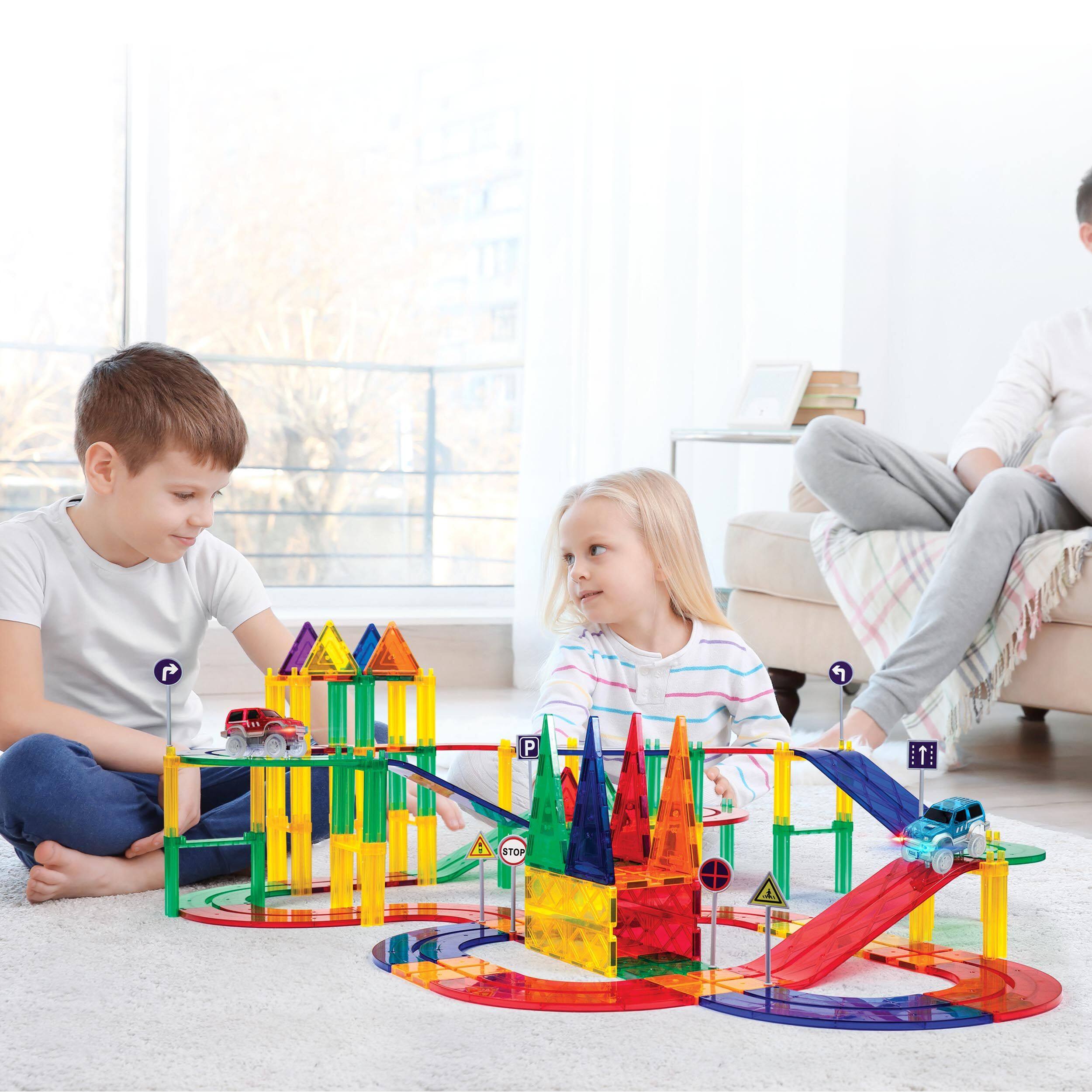 Alt View 2. PicassoTiles - PICASSO-TILES Race Track Magnetic Tiles for Kids, 80PCS with 2 Racing Cars, STEM Building Blocks Educational Toy - Multicolor.