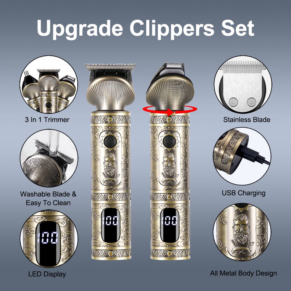 Upgrade Clippers Set 3 In 1 Trimmer Stainless Blade Washable Easy To Clean & USB Charging LED Display All Metal Body Design