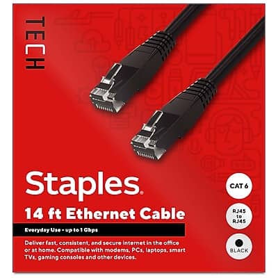 TECH Staples  
14 ft Ethernet Cable  
Everyday Use - up to 1 Gbps  
CAT 6 RJ45 to RJ45  
Deliver fast, consistent, and secure internet in the office or at home. Compatible with modems, PCs, laptops, smart TVs, gaming consoles, and other devices.  
BLACK