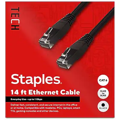 TECH Staples
14 ft Ethernet Cable
Everyday Use - up to 1 Gbps
CAT 6 RJ45 to RJ45
Deliver fast, consistent, and secure internet in the office or at home. Compatible with modems, PCs, laptops, smart TVs, gaming consoles, and other devices.
BLACK