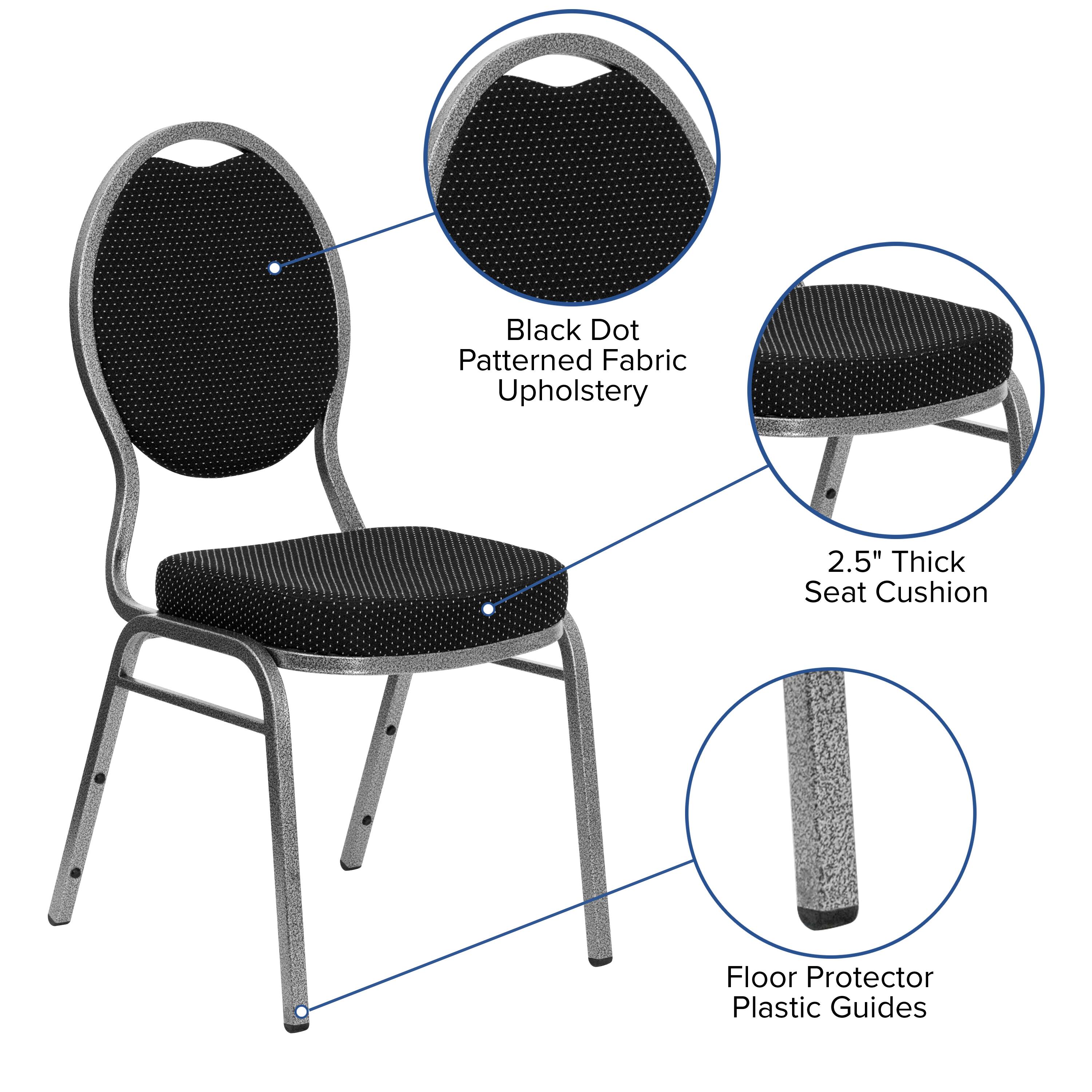 Black Dot Patterned Fabric Upholstery  
2.5" Thick Seat Cushion  
Floor Protector Plastic Guides