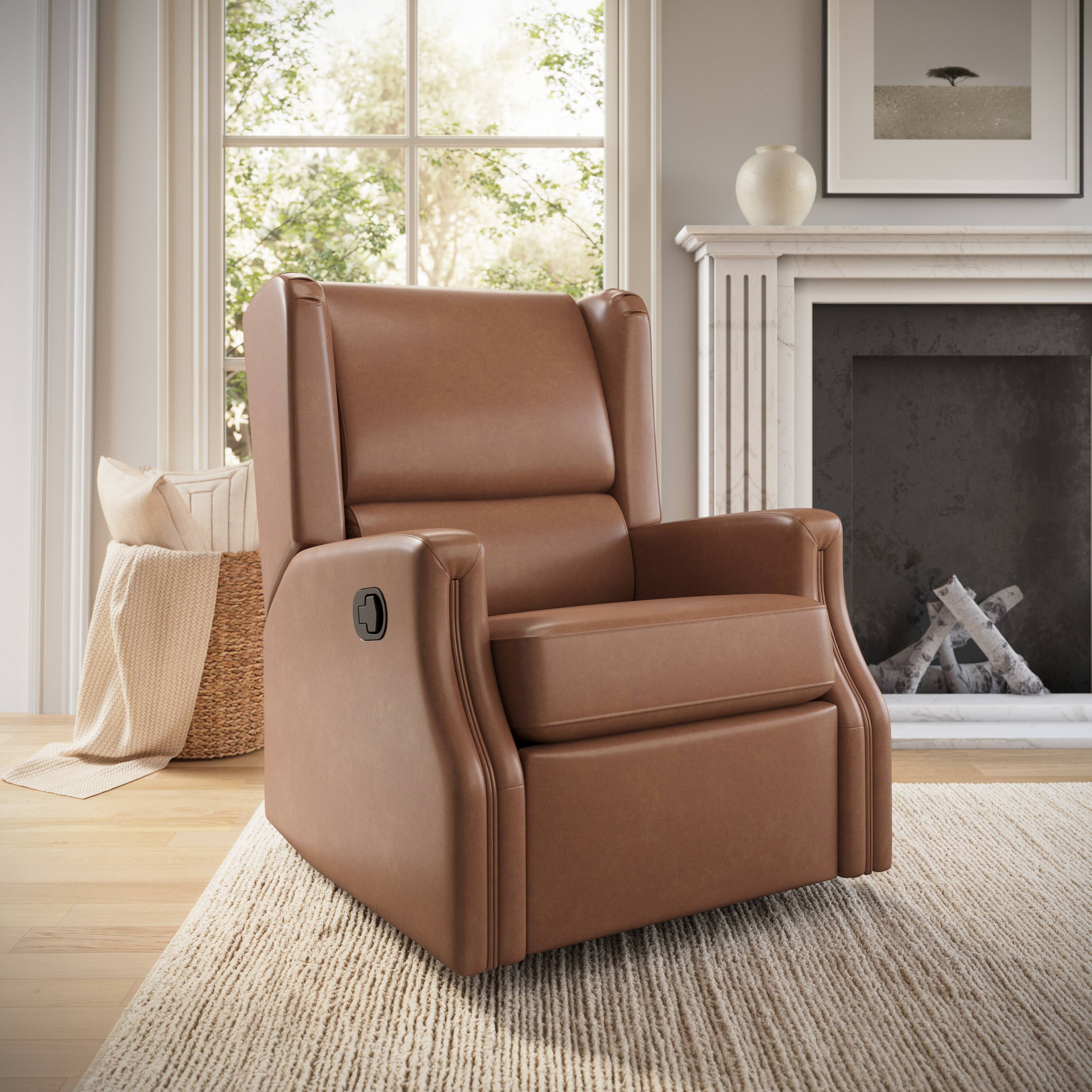 Alt View 1. Emma + Oliver - Wingback Manual Rocking Glider Recliner Chair with 360° Swivel - Cognac LeatherSoft.