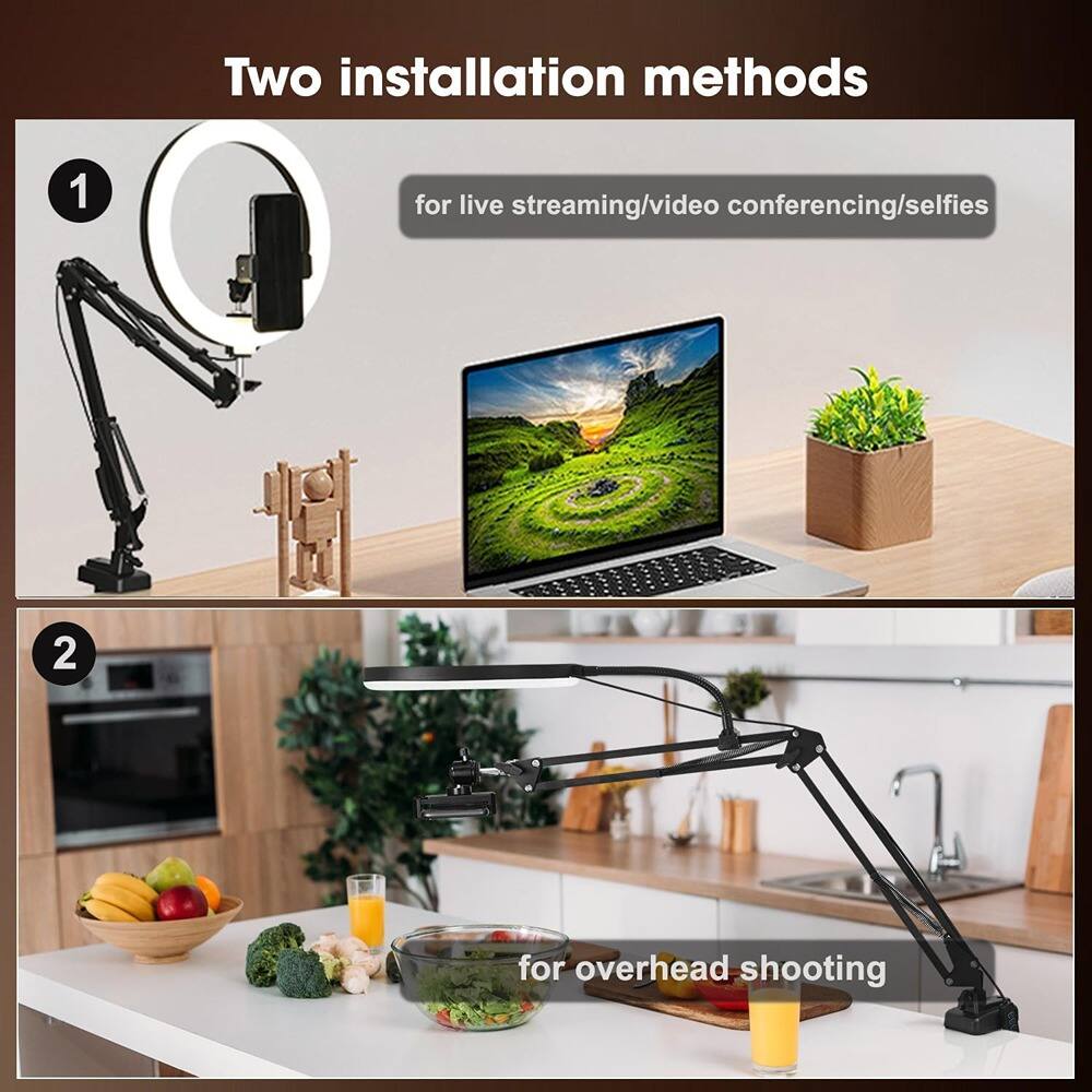 Two installation methods

1 for live streaming/video conferencing/selfies

2 for overhead shooting