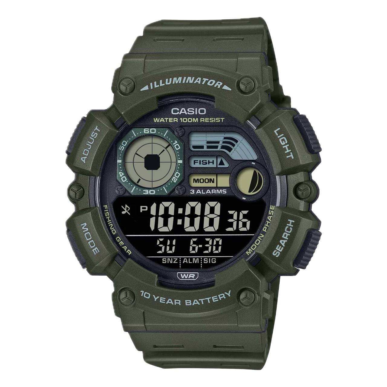 ILLUMINATOR  
CASIO  
WATER 100M RESIST  
LIGHT  
FISH  
MOON  
3 ALARMS  
P  
FISHING GEAR  
10:08  
36  
50 6-30  
MOON PHASE  
SEARCH  
SNZ ALM SIG  
BATTERY  
10 YEAR BATTERY