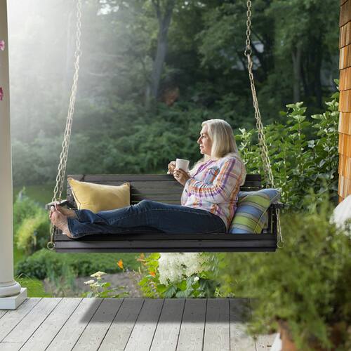 Alt View 2. Winado - 5 FT Patio Wooden Porch Swing, Heavy Duty 880 LBS Swing Chair Bench, with Hanging Chains for Outdoor Courtyard Garden - Black.