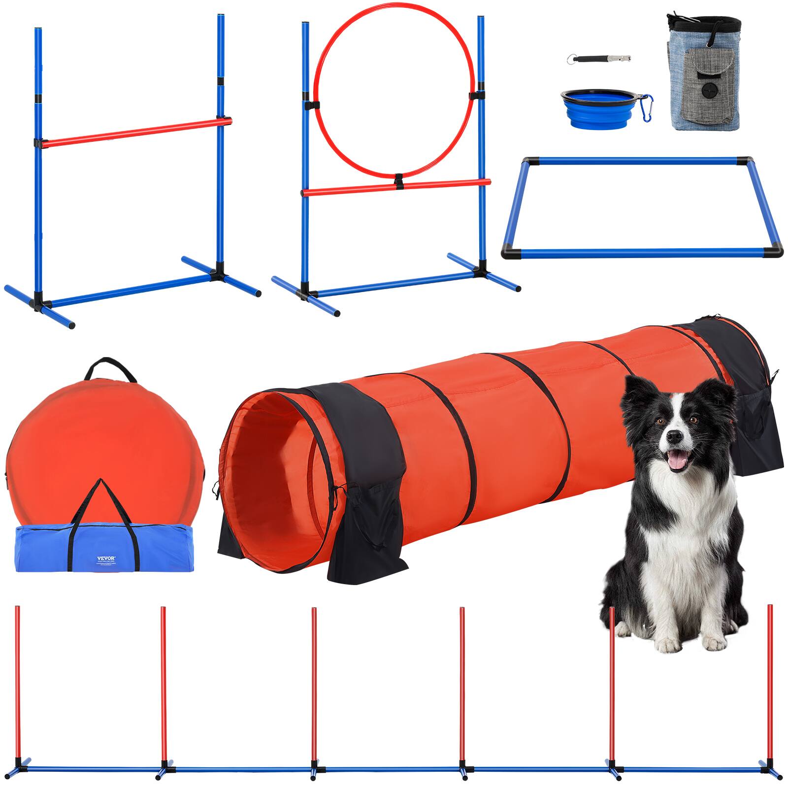 Front. VEVOR - Dog Agility Training Equipment, 5 PCS Set Upgrade with Adjustable High Hurdles,6 Weave Poles,Extended Tunnel,Jump Ring - Red，Blue,Orange,Black.