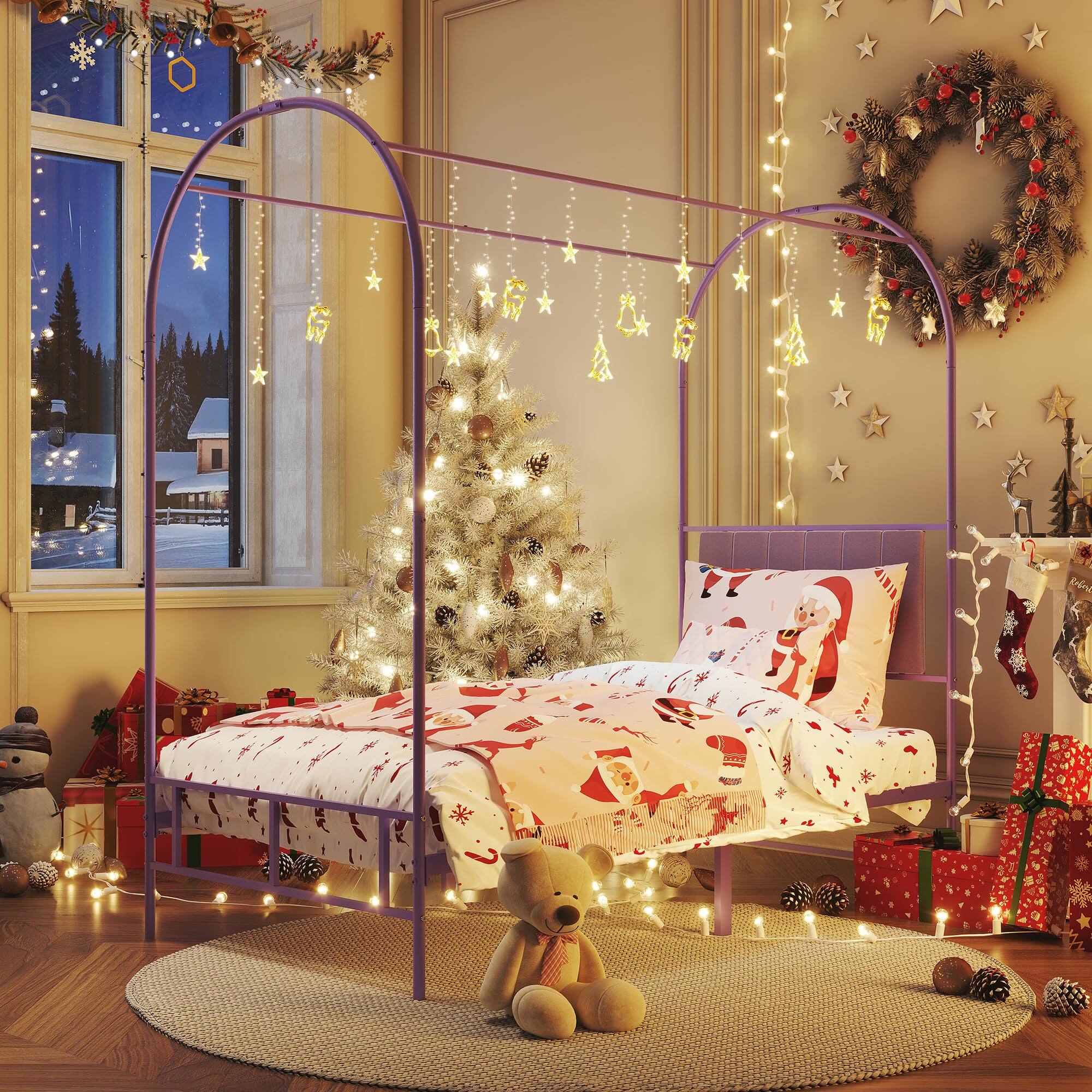 Alt View 4. Acekool - Twin Canopy Bed Frame with Upholstered Headboard, Metal Kids Bed Frame, No Box Spring Needed - Purple.