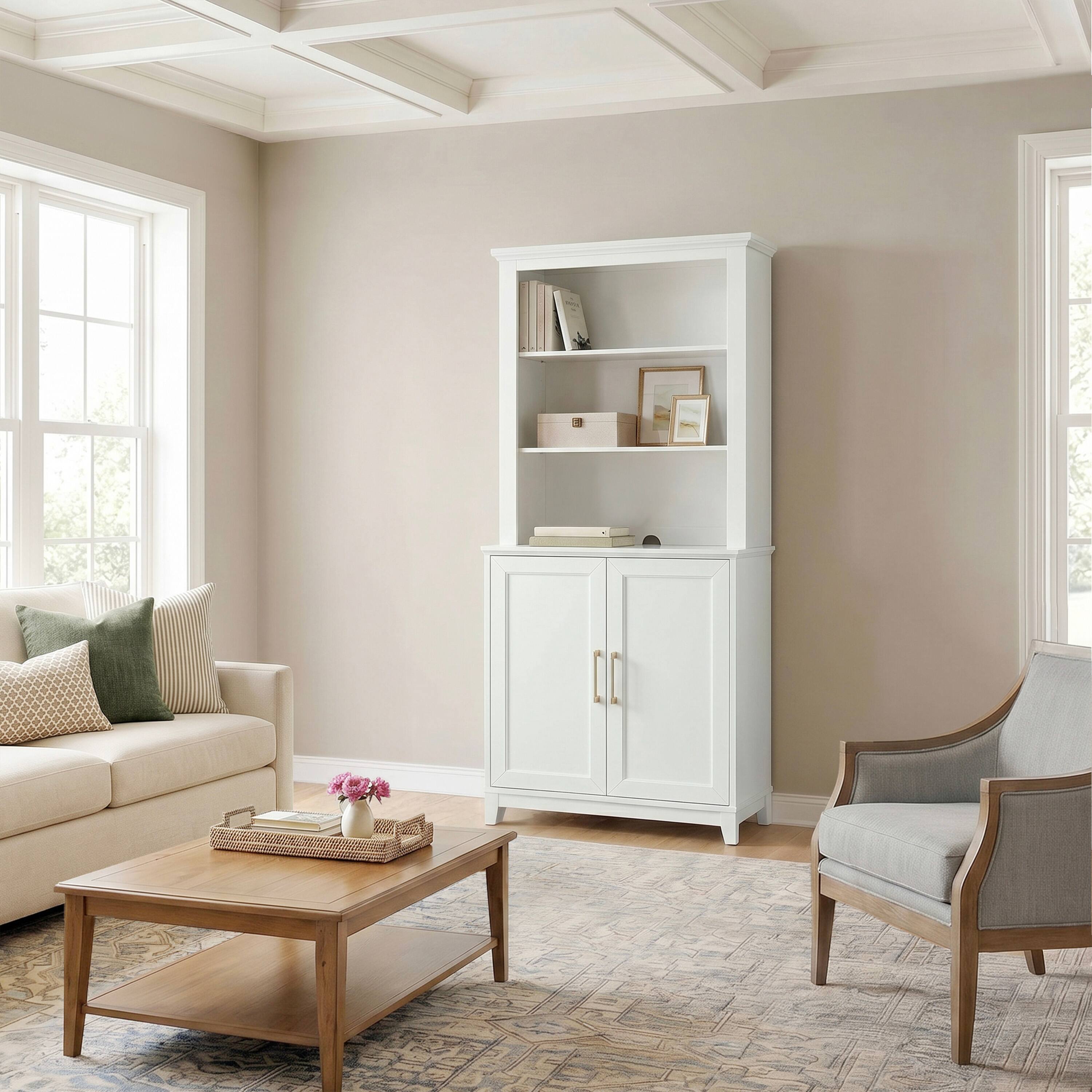 Alt View 6. Martha Stewart - Bedford Modular Wooden Hutch with 2 Fixed Storage Shelves, Solid Wood Frame and Rear Cable Management Opening - White Frame/Gold Hardware.