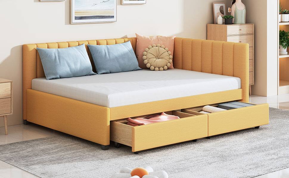 Alt View 10. Tiramisubest - Full Size Upholstered Daybed with 2 Storage Drawers Sofa Bed Frame No Box Spring Needed, Linen Fabric (Yellow) - Yellow.
