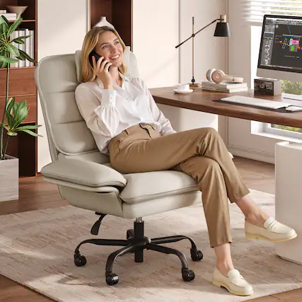 Front. Bestier - Office Cross-Legged Chair with Ergonomic Headrest, Flip-up Armrest & Adjustable Backrset for Home Office - Off-White PU Leather.