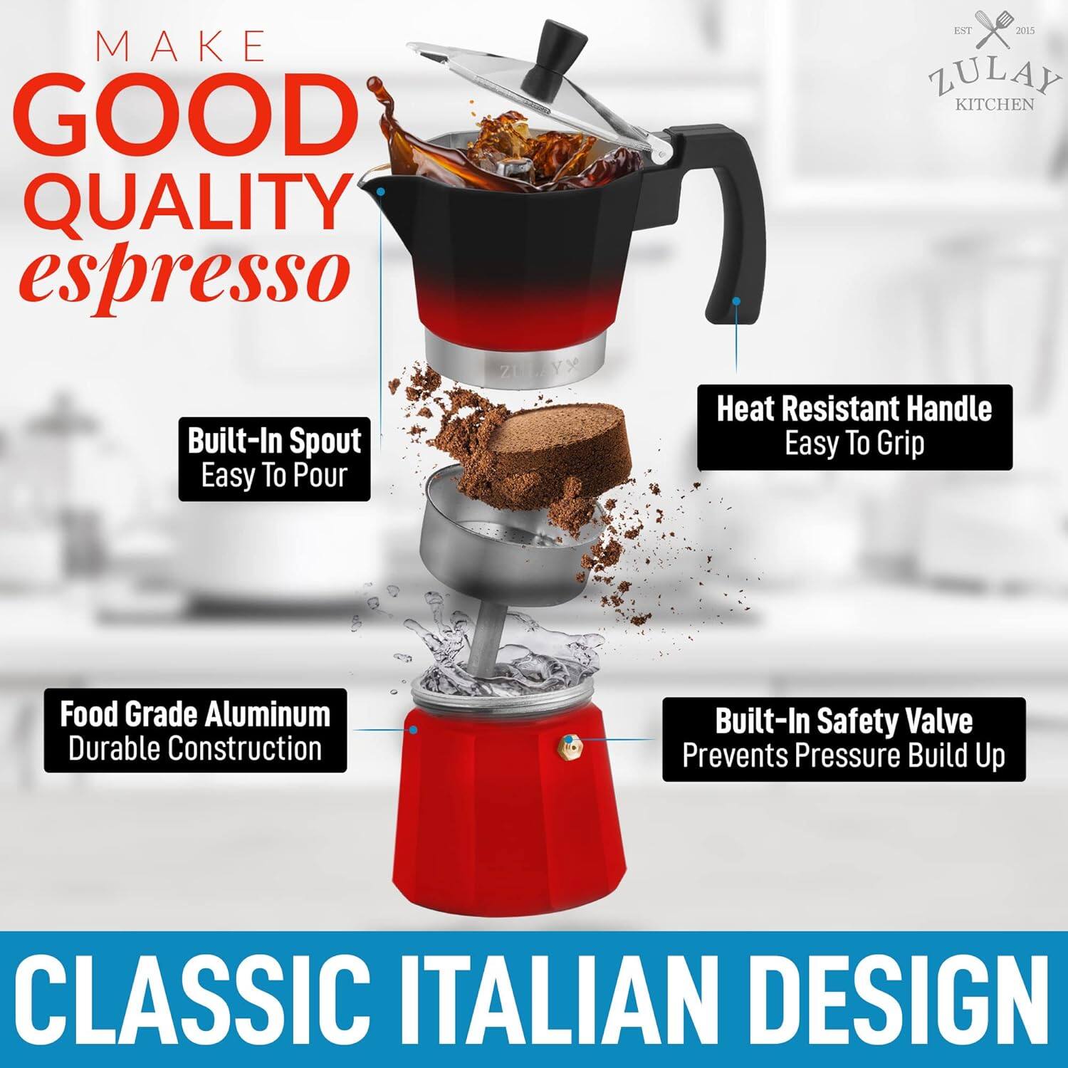MAKE GOOD QUALITY espresso

Built-In Spout  
Easy To Pour

Heat Resistant Handle  
Easy To Grip

Food Grade Aluminum  
Durable Construction

Built-In Safety Valve  
Prevents Pressure Build Up

CLASSIC ITALIAN DESIGN