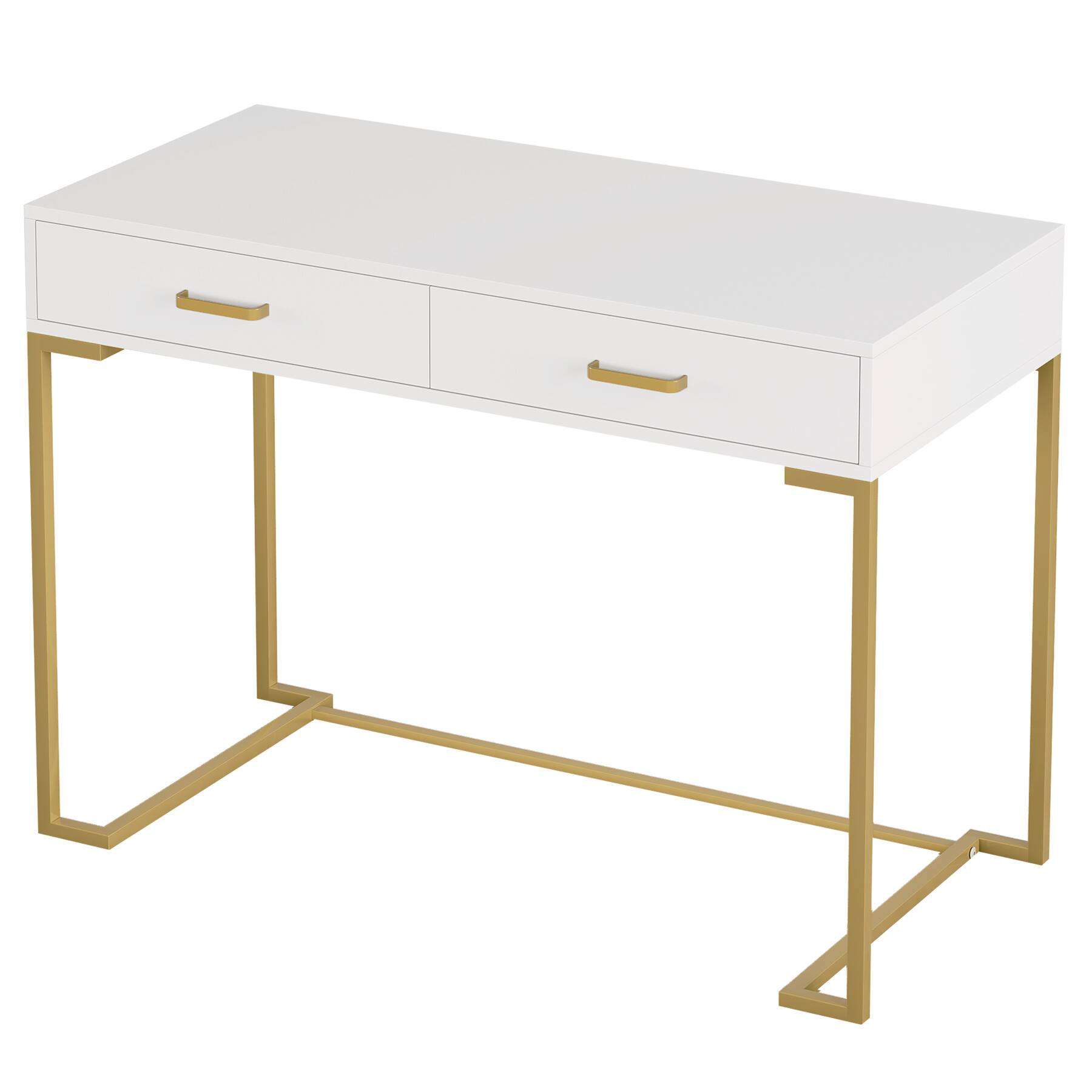 Angle. APRILSOUL - 40in White and Gold Computer Desk with 2 Drawers Modern Office Desk Compact Writing Table Metal Frame Minimalist Style - White+Gold.