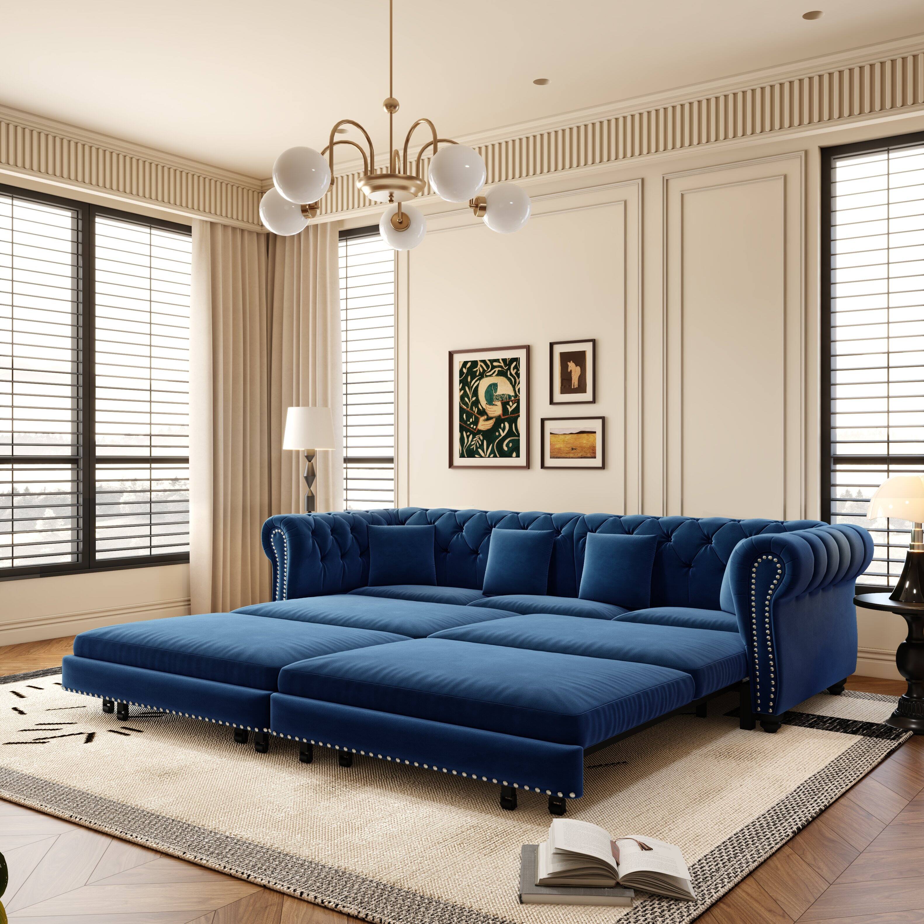 Angle. Anysun - 89" 3-in-1 Velvet Chesterfield Pull-Out Sofa Bed - King Size Sleeper with Chaise & Movable Ottoman - Blue.