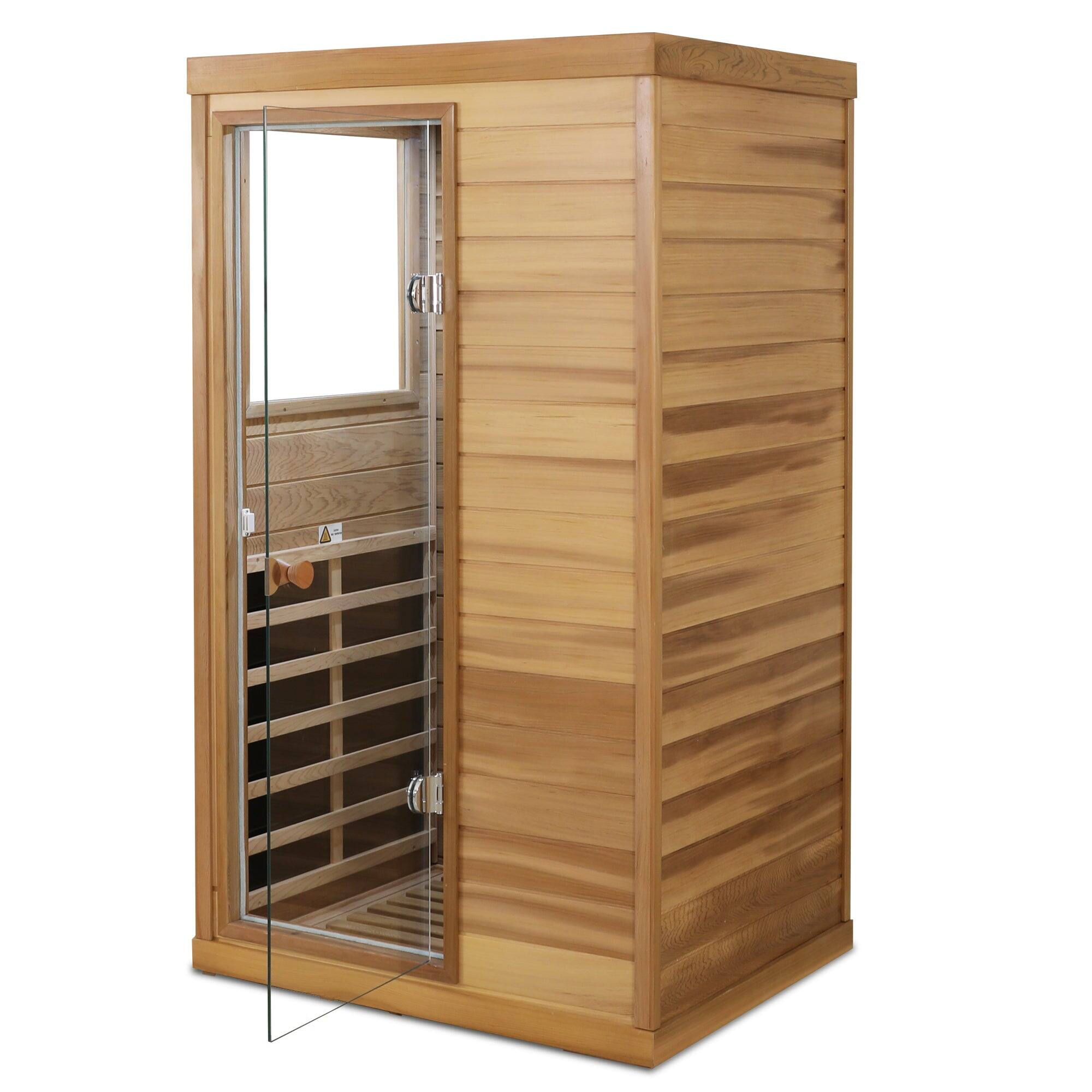 Alt View 7. Boyel Living - Red Cedar Mini One-Person Far Infrared Sauna with Left Glass Door and Bluetooth Audio and LED Reading Light - Natural Wood+Caramel.