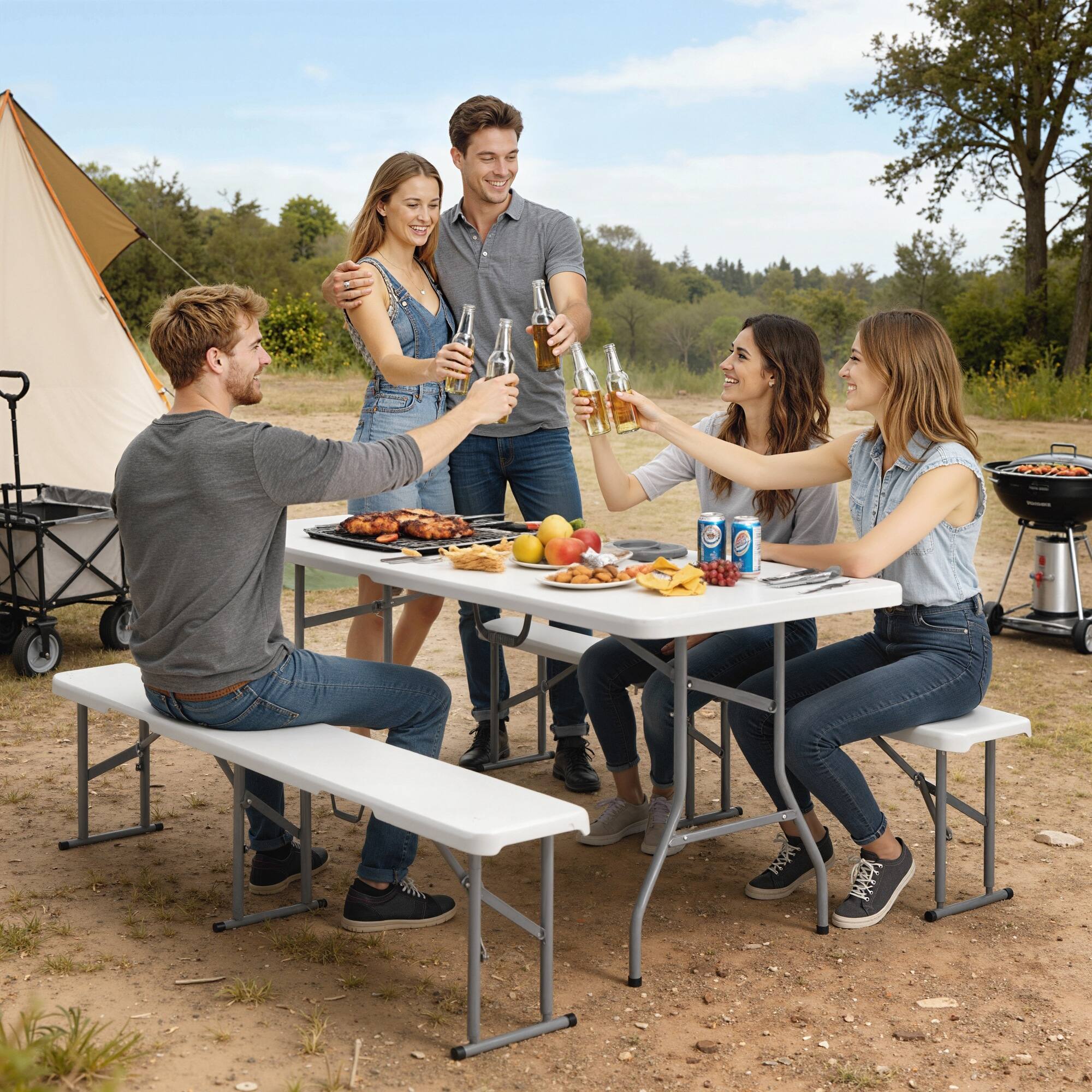 Alt View 1. Outsunny - 3 PCS Portable Camping Table and Chairs, Folding Picnic Table Bench Set with Carrying Handles for BBQ - White.