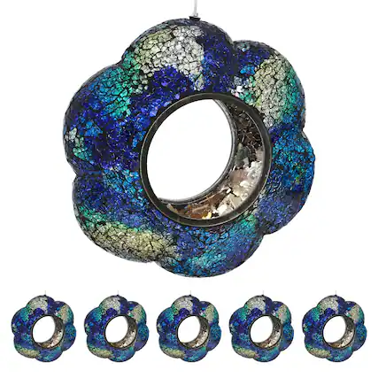 Front. Sunnydaze - Hanging Mosaic Fly-Through Flower Bird Feeder - Set of 6 - Indigo.
