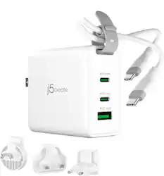 j5create - 65W GaN USB-C® 3-Port Travel Charger with changeable AC plugs and USB-C® cable - White - Front_Zoom