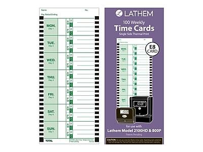 LATHEM  
100 Weekly Time Cards  
Single Side Thermal Print  
E8 CARD  

For use with Lathem Model 2100HD & 800P  
Parent Pending  

MON. Day 1  
TUE. Day 2  
WED. Day 3  
THU. Day 4  
FRI. Day 5  
SAT. Day 6  
SUN. Day 7  

TOTAL