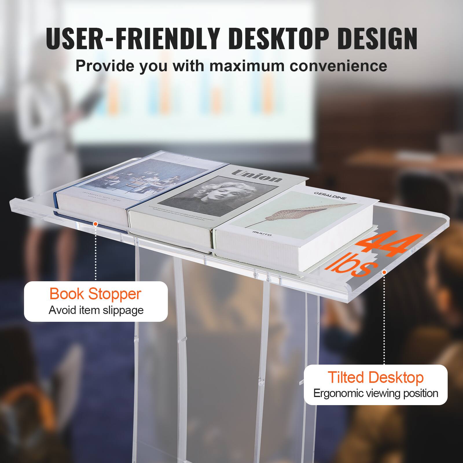 USER-FRIENDLY DESKTOP DESIGN, Provide you with maximum convenience, Book Stopper, Avoid item slippage, Tilted Desktop, Ergonomic viewing position