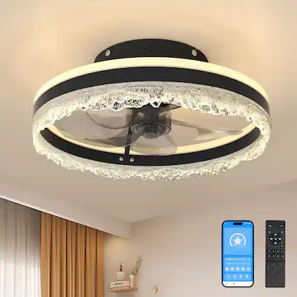 The text in the image appears to be a mix of symbols and letters that are not clearly readable. However, based on the context and the visible elements, it seems to be related to a ceiling fan with a remote control and a smartphone app interface. Here is a corrected and grouped version of the text:
- Ceiling Fan with LED Lights
- Remote Control
- Smartphone App Interface
- "ALI" (on the shelf below the window)
The text "ALI" is likely a brand or model name. The rest of the text is not clearly legible and appears to be part of the app interface or remote control labels.
