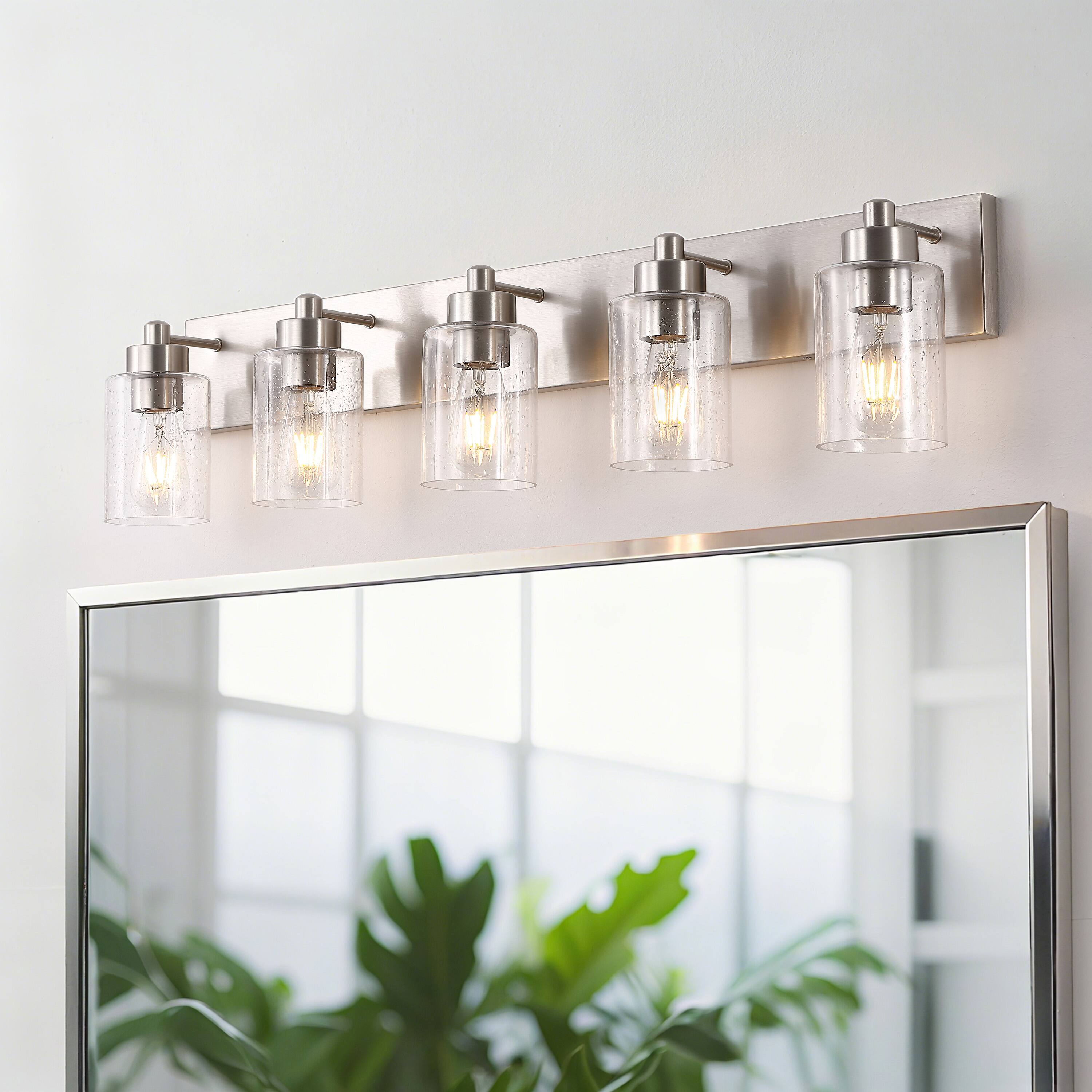 Alt View 1. Jonathan Y - Irving 36" 5-Light Seeded Glass/Iron Modern Contemporary LED Vanity Light, Nickel - Nickel/Clear.