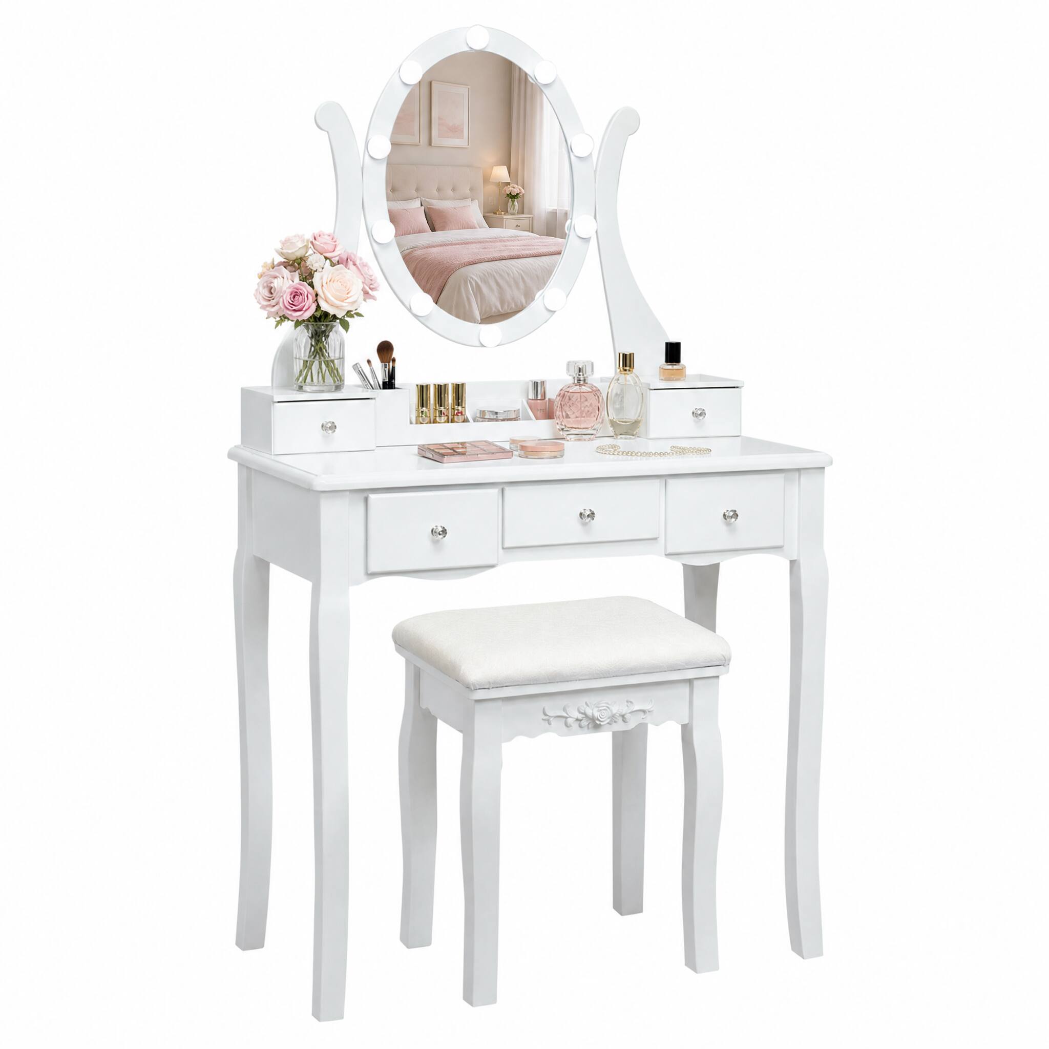 Alt View 3. WELLFOR - Makeup Vanity Table Set with 360° Rotatable Oval Mirror, 5 Drawers, Dressing Table with Padded Stool for Bedroom - White.