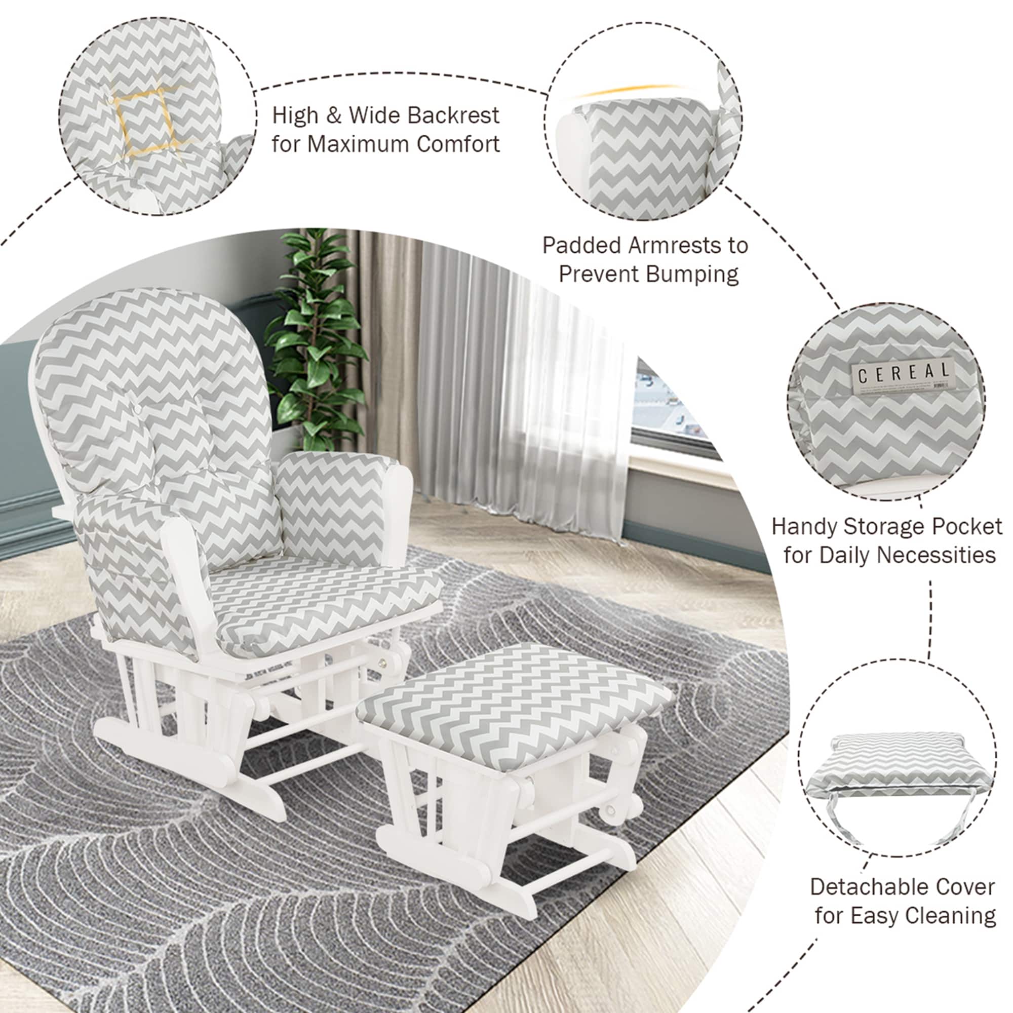 The image features a white chair with a detachable cover for easy cleaning. The chair has a high and wide backrest for maximum comfort, and padded armrests to prevent bumping. Additionally, there is a handy storage pocket for daily necessities. The chair is placed on a rug, and there is a potted plant nearby.