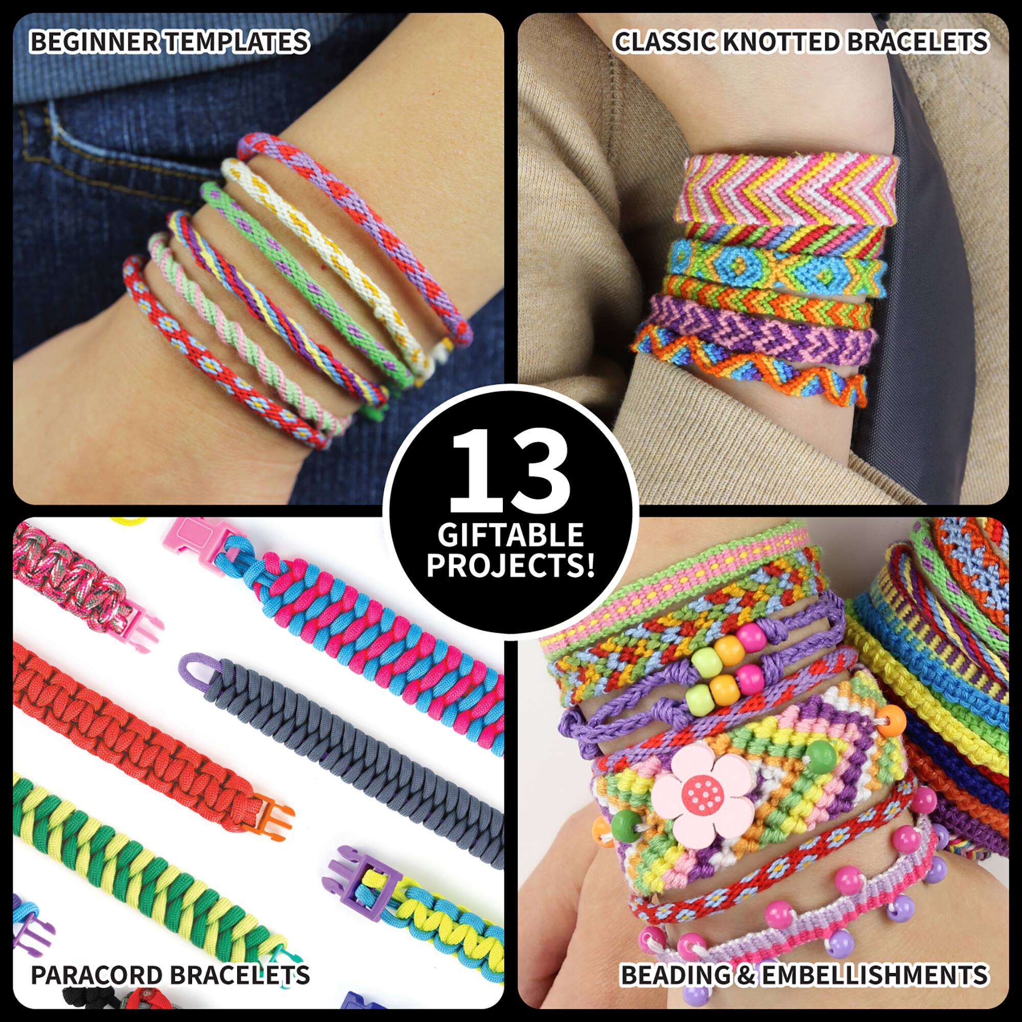 The image features three different sections showcasing various bracelet designs. The first section displays beginner templates, the second section features classic knotted bracelets, and the third section presents 13 giftable projects. The image also includes information about paracord bracelets and beading and embellishments.