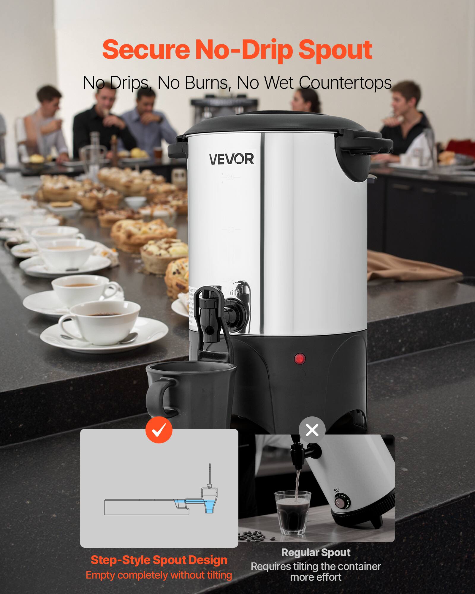 Secure No-Drip Spout  
No Drips, No Burns, No Wet Countertops  

VEVOR  

Step-Style Spout Design  
Empty completely without tilting  

Regular Spout  
Requires tilting the container more effort