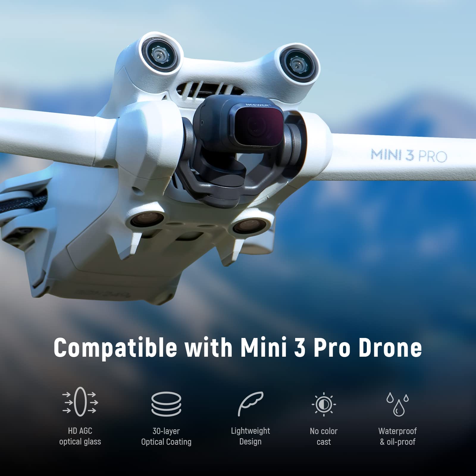 MINI 3 PRO Compatible with Mini 3 Pro Drone  
HD AGC optical glass  
30-layer Optical Coating  
Lightweight Design  
No color cast  
Waterproof & oil-proof