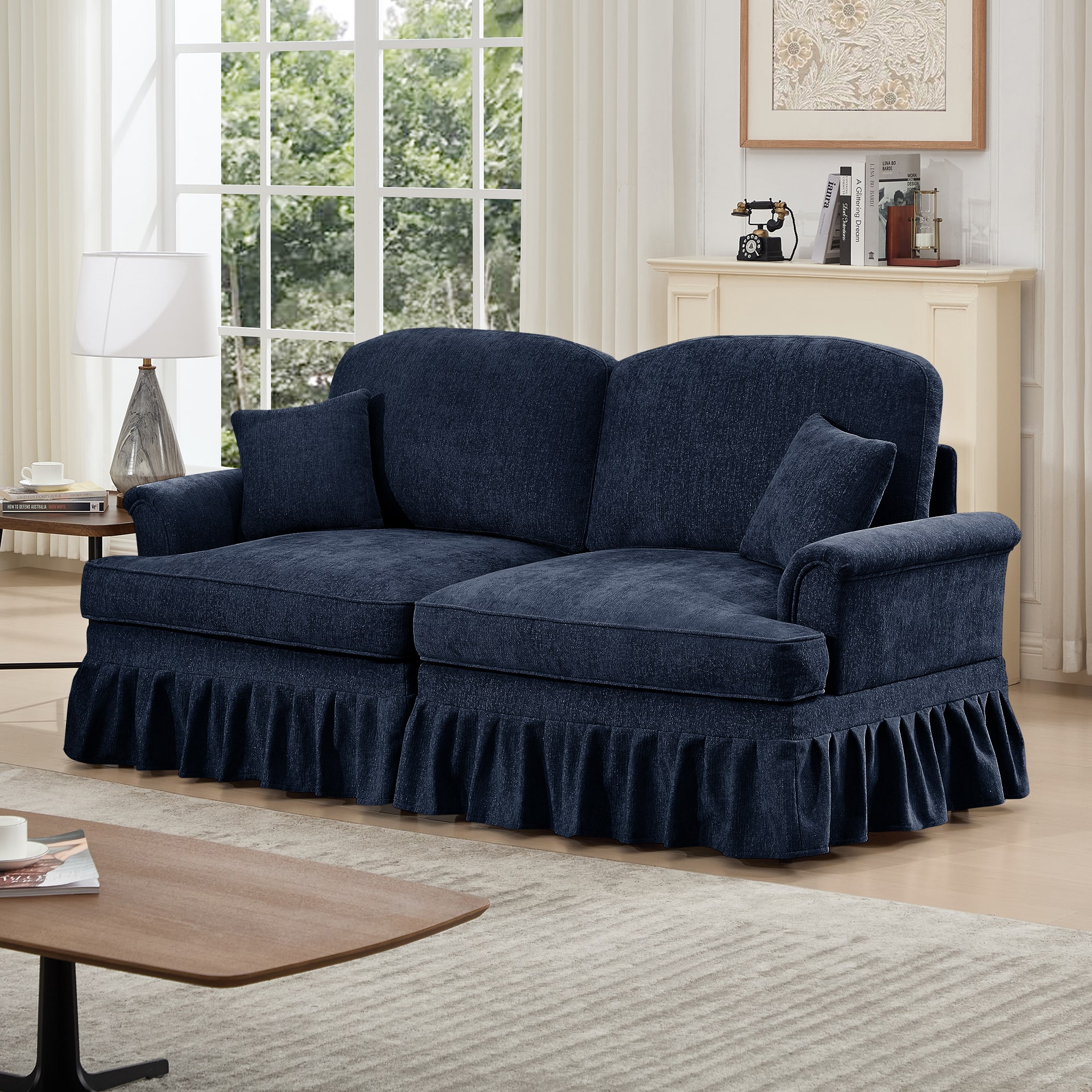 Anysun - Mid-Century Chenille 2-Seat Loveseat with Flared Arms, Ruffled Skirt & Spindle Legs - Elegant Oversized Design - Blue