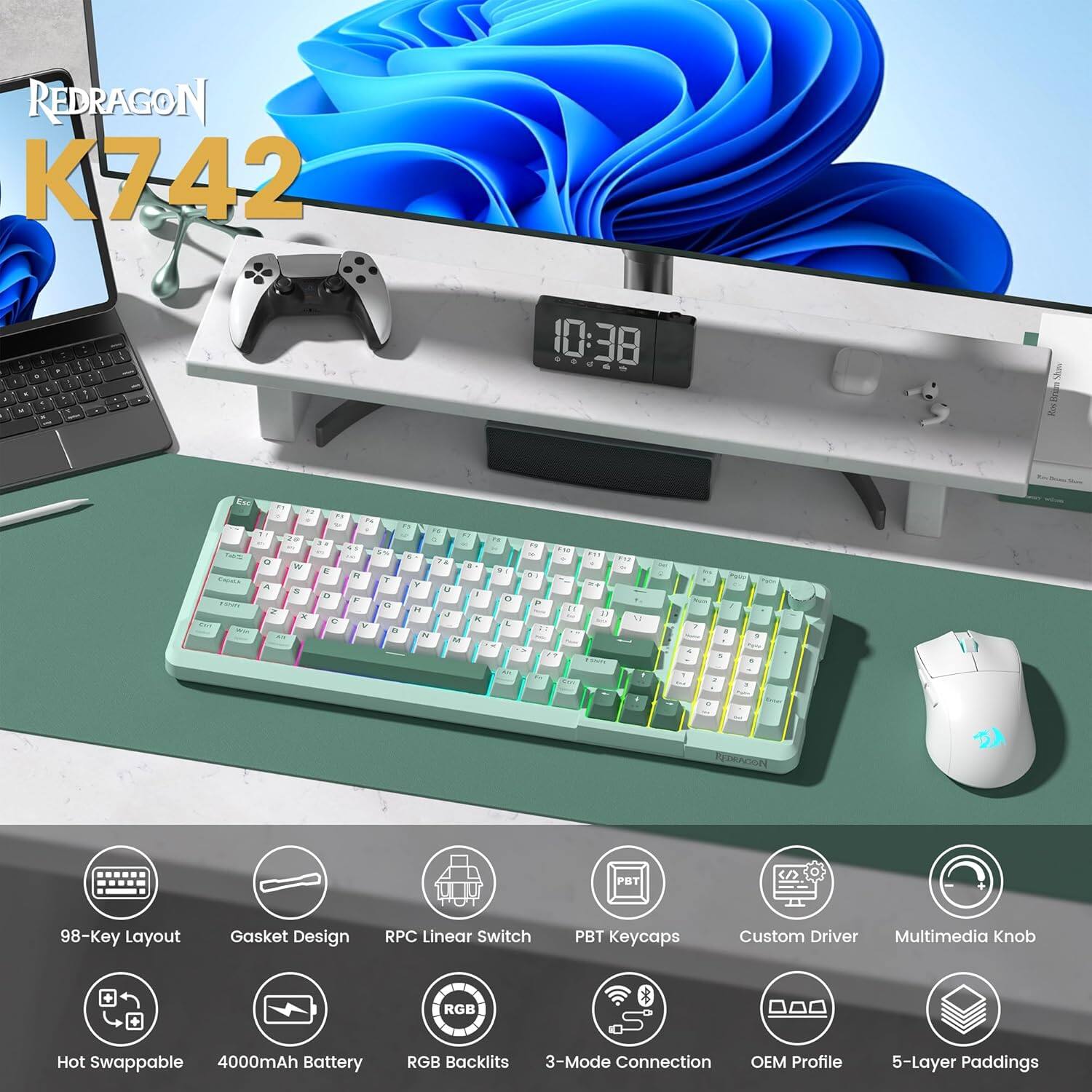 REDRAGON K742

- 98-Key Layout
- Gasket Design
- RPC Linear Switch
- PBT Keycaps
- Custom Driver
- Multimedia Knob
- RGB Backlights
- Hot Swappable
- 4000mAh Battery
- 3-Mode Connection
- OEM Profile
- 5-Layer Paddings