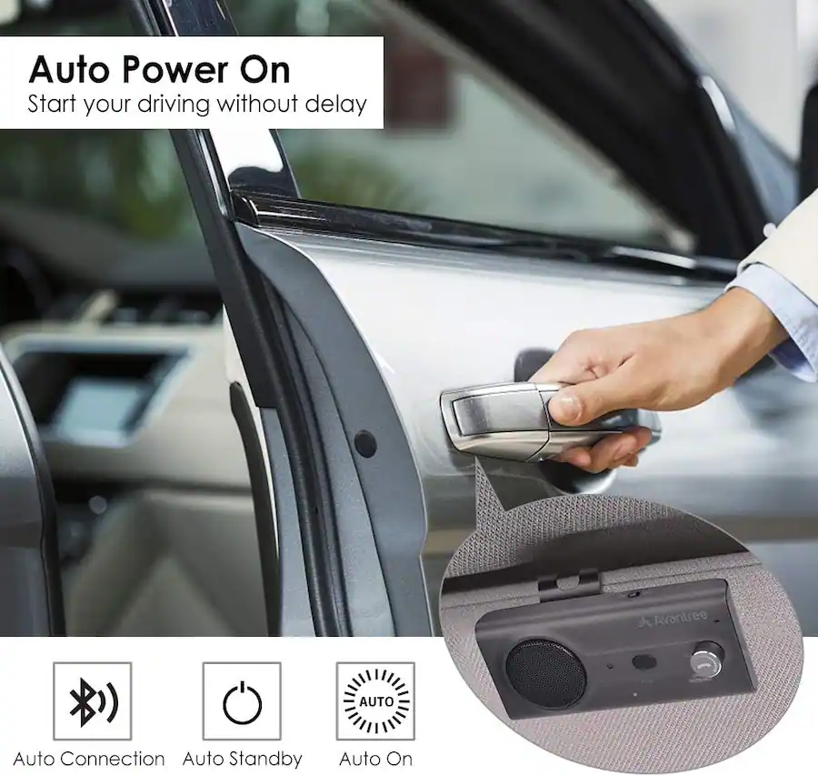 Avantree CK11 Hands Free Bluetooth Car Kits, Quality Loud Speakerphone, Siri Support, Motion AUTO ON, Volume Knob, Wireless In Car Handsfree Speaker Kit With Visor Clip - Black