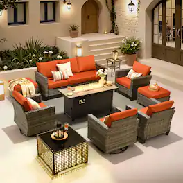 Ovios - 10 PCS Patio Furniture, Wicker Sofa with 54" Fire Pit Table, High Back Armchair with Coffee Table & Ottoman - Orange Red
