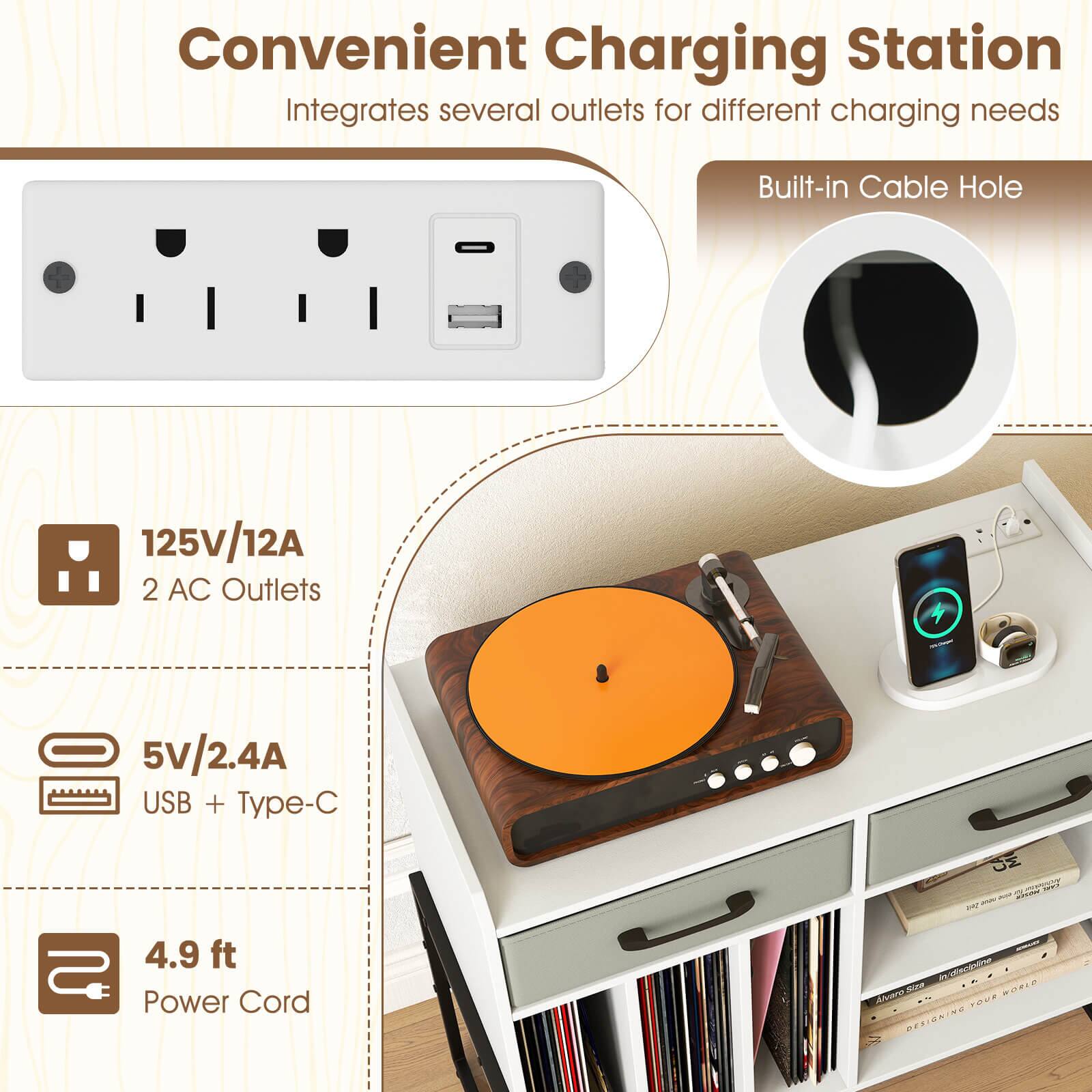 Convenient Charging Station  
Integrates several outlets for different charging needs  

Built-in Cable Hole  

125V/12A  
2 AC Outlets  

5V/2.4A  
USB + Type-C  

4.9 ft  
Power Cord