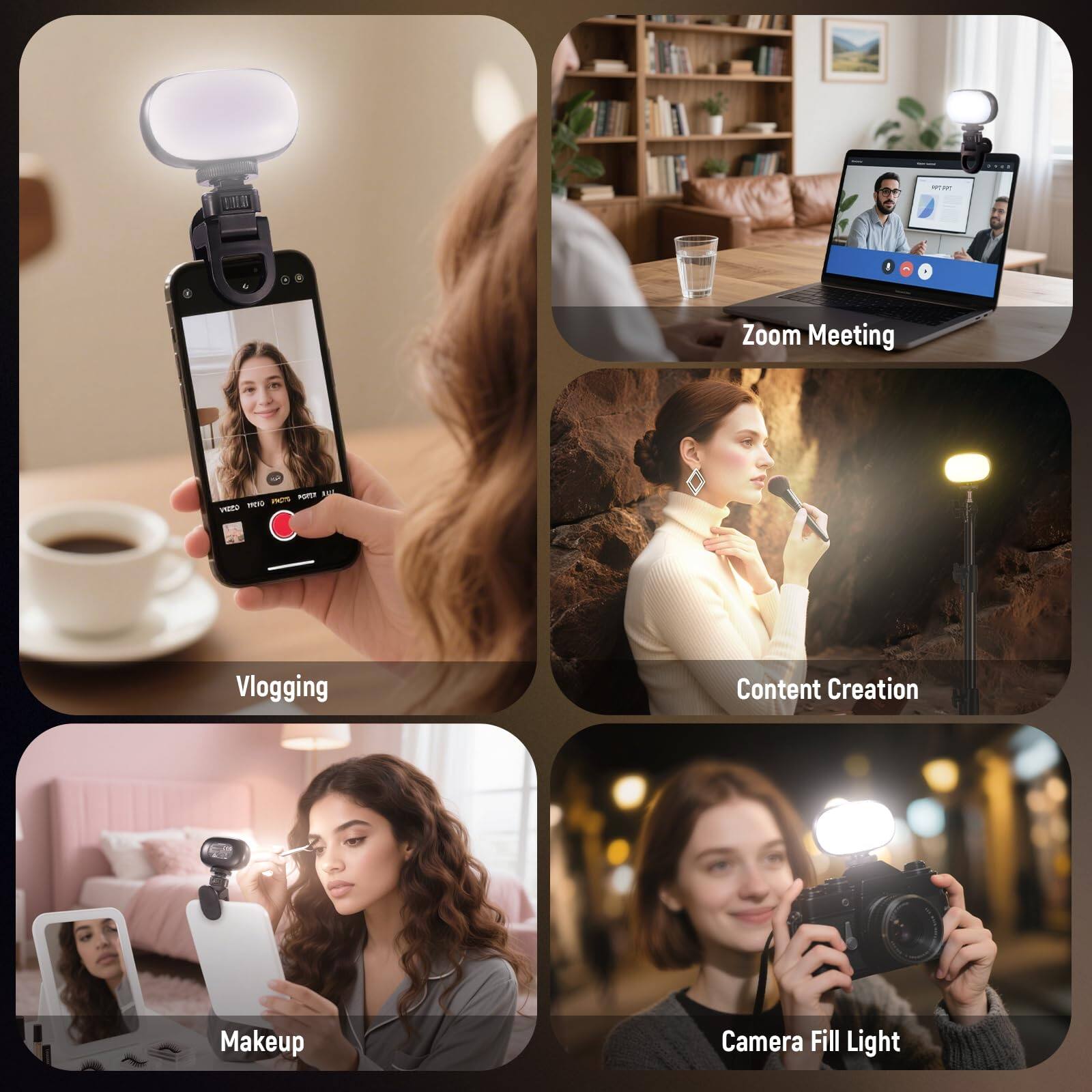 - Zoom Meeting
- Vlogging
- Makeup
- Content Creation
- Camera Fill Light