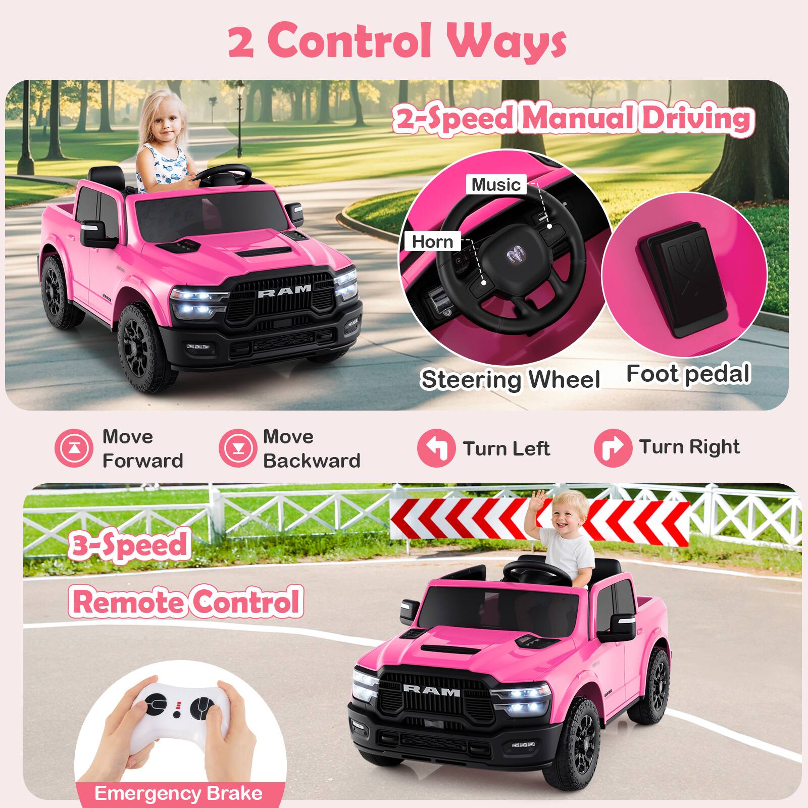 2 Control Ways

2-Speed Manual Driving
- Music
- Horn
- Steering Wheel
- Foot pedal
- Move Forward
- Move Backward
- Turn Left
- Turn Right

3-Speed Remote Control
- Emergency Brake