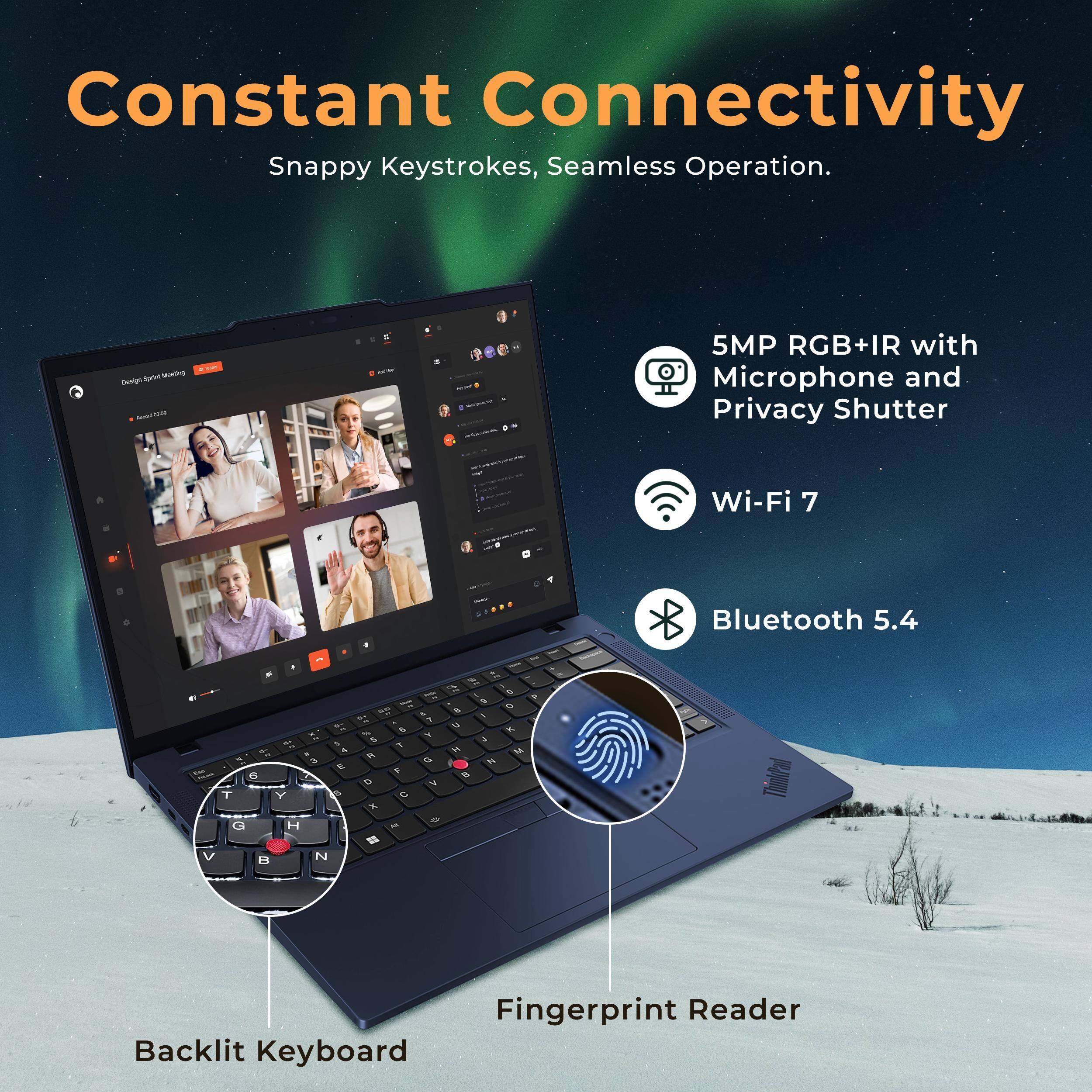 Constant Connectivity  
Snappy Keystrokes, Seamless Operation.

5MP RGB+IR with Microphone and Privacy Shutter  
Wi-Fi 7  
Bluetooth 5.4

Backlit Keyboard  
Fingerprint Reader