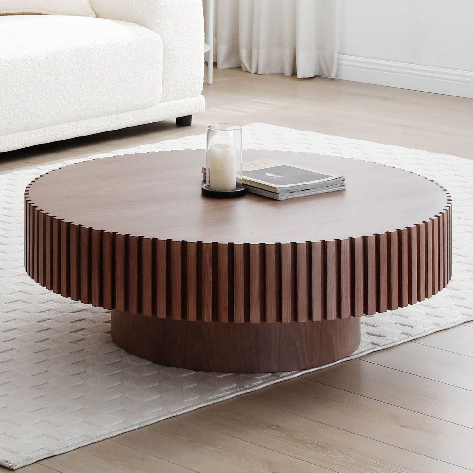 "Trinkets Crazed - 31.49"" Round Coffee Table Wood, Circle Coffee Table,Drum Fluted Coffee Accent End Side Center Table - Walnut" price history on PriceWatchPro