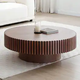Trinkets Crazed - 31.49" Round Coffee Table Wood, Circle Coffee Table,Drum Fluted Coffee Accent End Side Center Table - Walnut