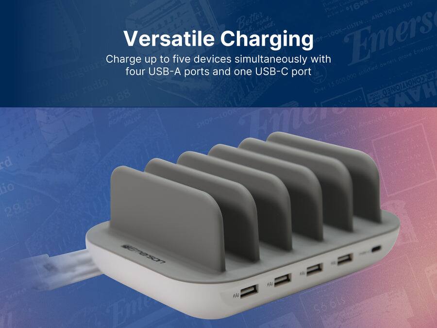 Versatile Charging  
Charge up to five devices simultaneously with four USB-A ports and one USB-C port