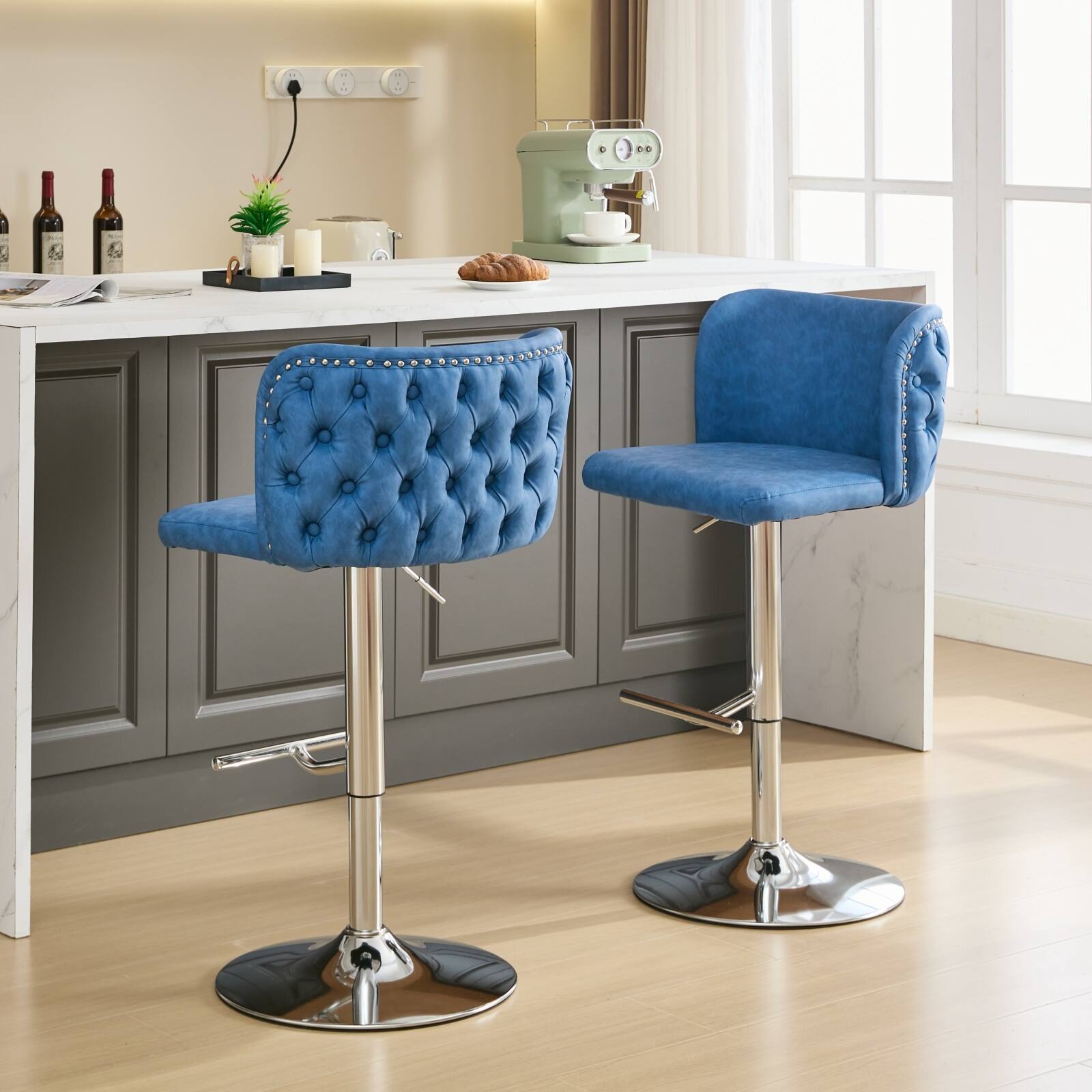 Angle. Trinkets Crazed - Swivel Barstools Set of 2, Adjusatble Seat Height with Silver Legs, Classic PU Upholstered Bar Stools - Blue.