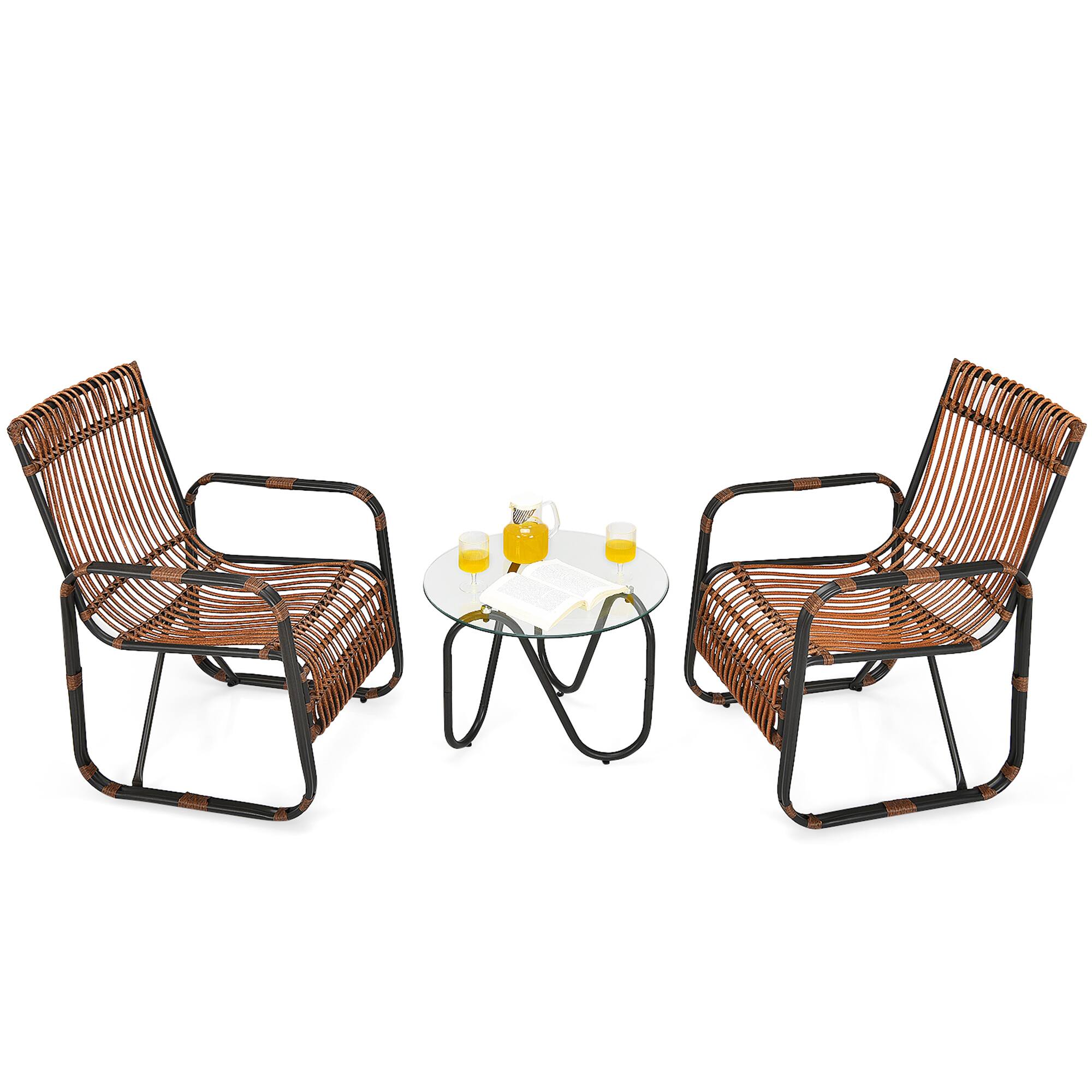 Alt View 4. Gymax - Gymax 3PCS Rattan Patio Conversation Set Bistro Furniture Set w/ Glass Table - Brown + Black.