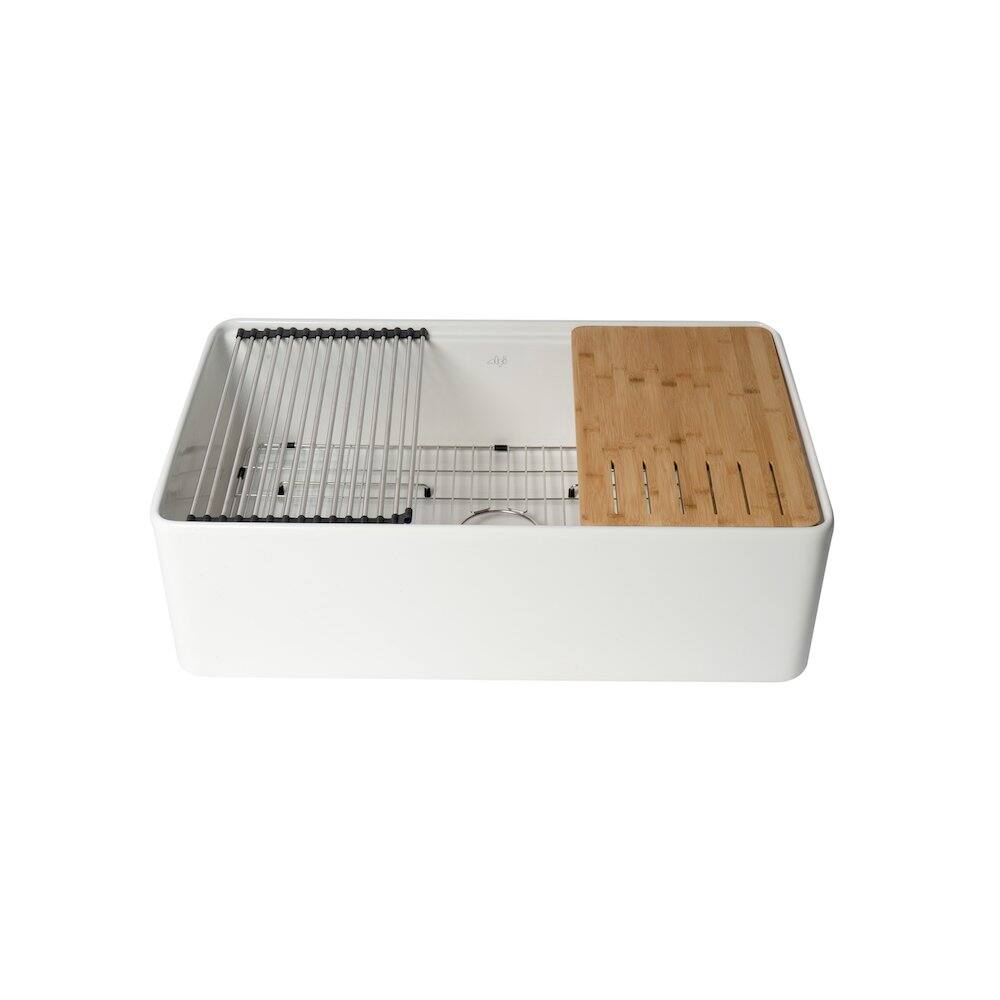 Alt View 6. Alfi - ALFI brand White Smooth Apron Workstation 33 x 20 Single Bowl Step Rim Fireclay Farm Sink - White.