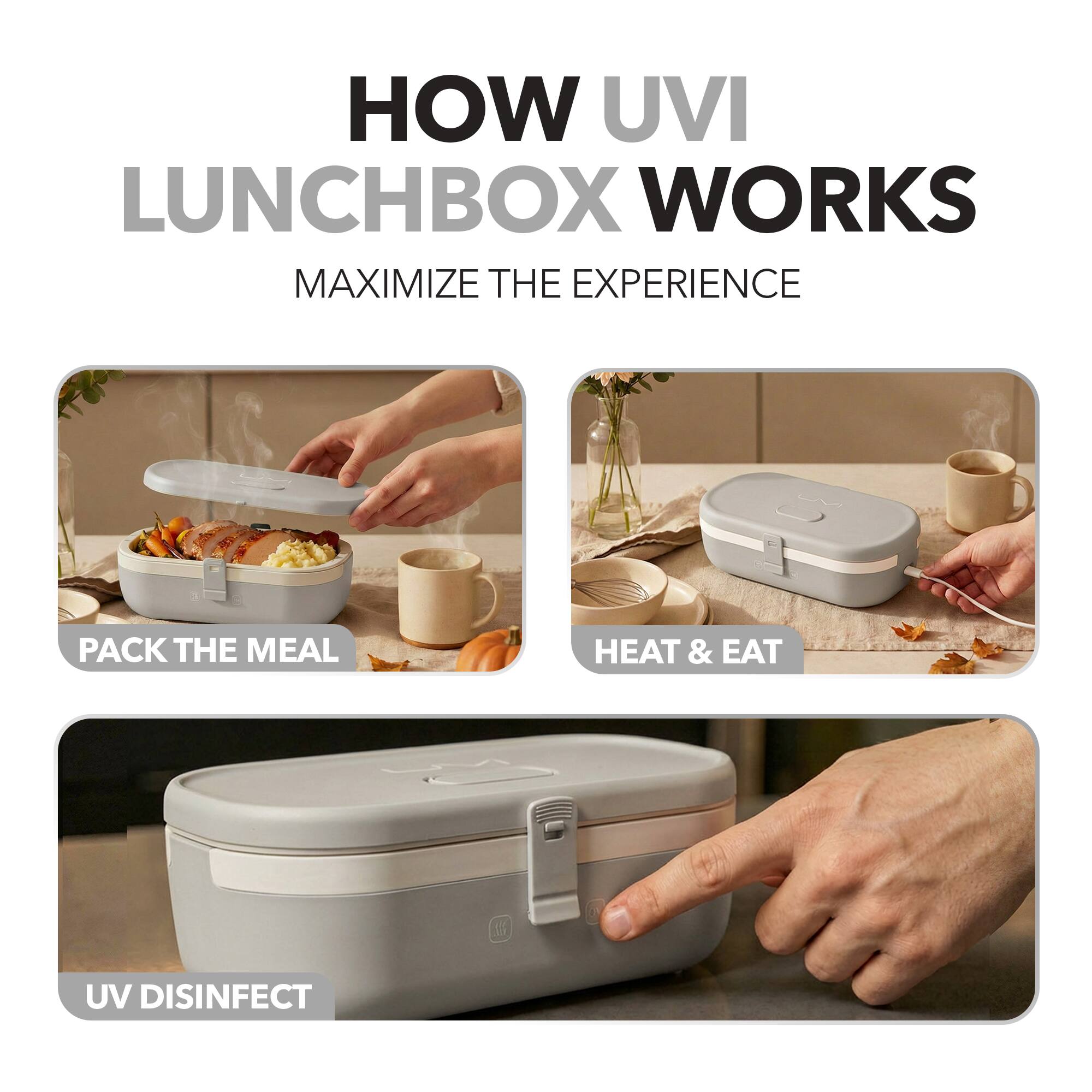 HOW UVI LUNCHBOX WORKS  
MAXIMIZE THE EXPERIENCE  

PACK THE MEAL  
HEAT & EAT  
UV DISINFECT