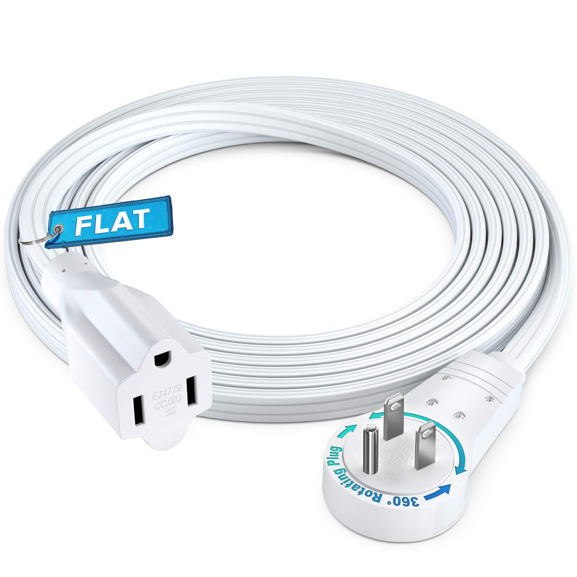 Maximm - 360° Rotating Flat Plug Extension Cord 6 feet Flat Cord Under Carpet with Slim Space-Saving Plug Design - White