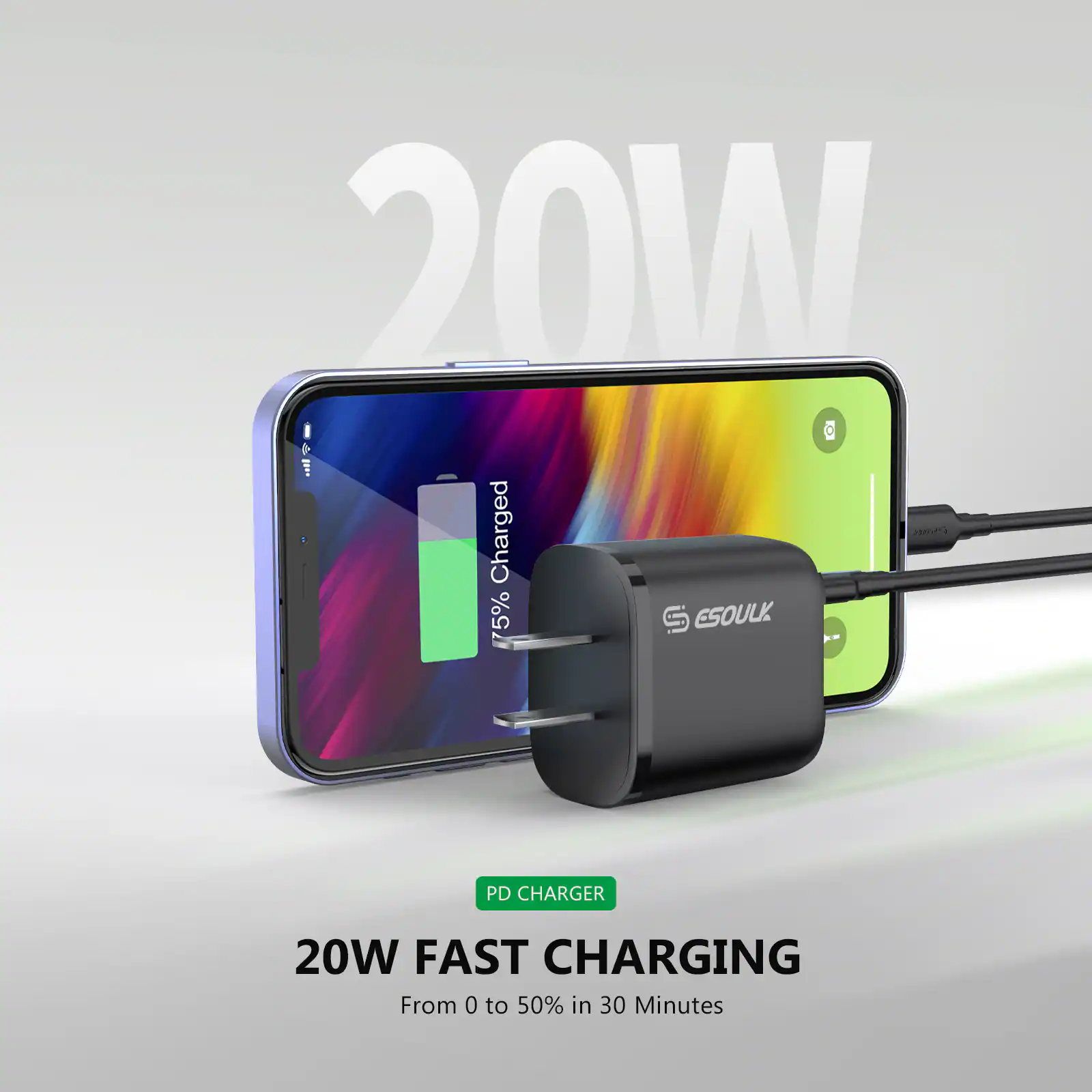 20W FAST CHARGING  
From 0 to 50% in 30 Minutes  

PD CHARGER  

175% Charged  

PD CHARGER