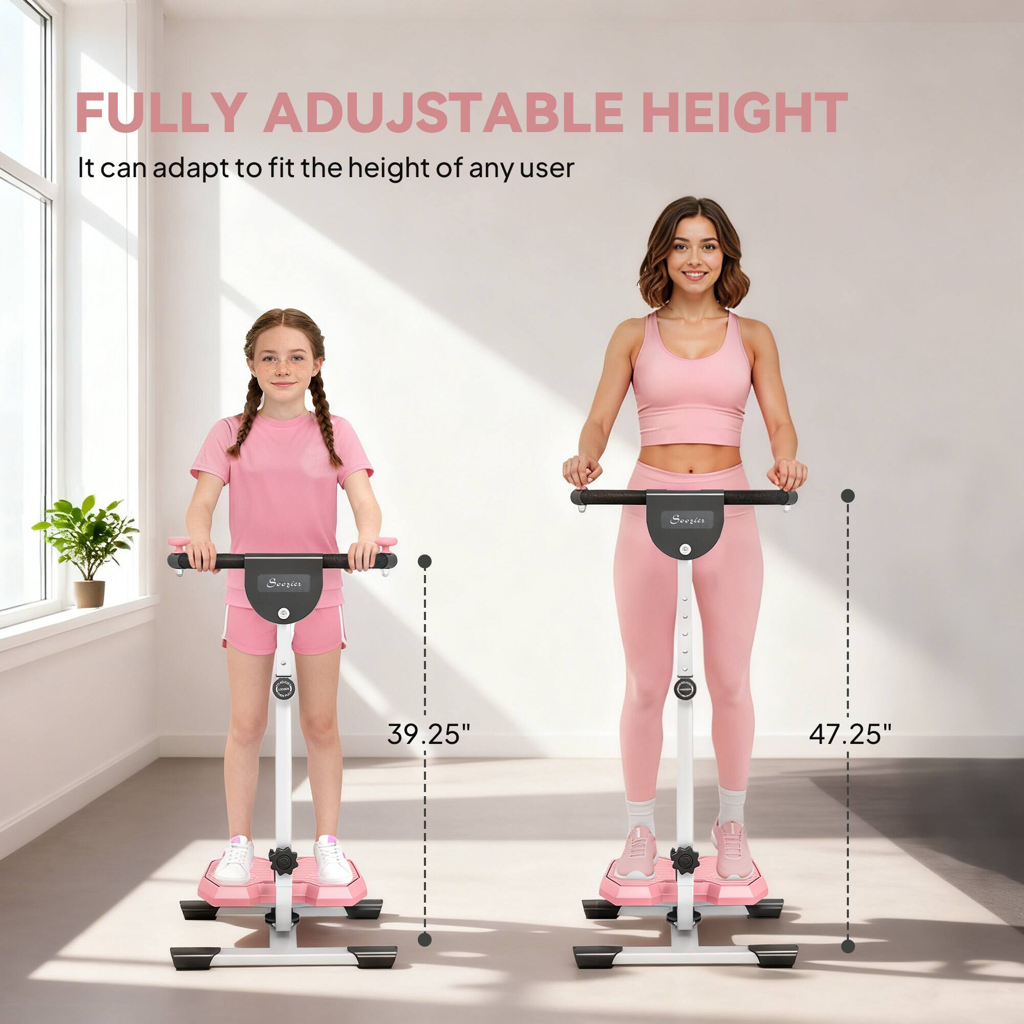 FULLY ADJUSTABLE HEIGHT  
It can adapt to fit the height of any user  

39.25"  
47.25"