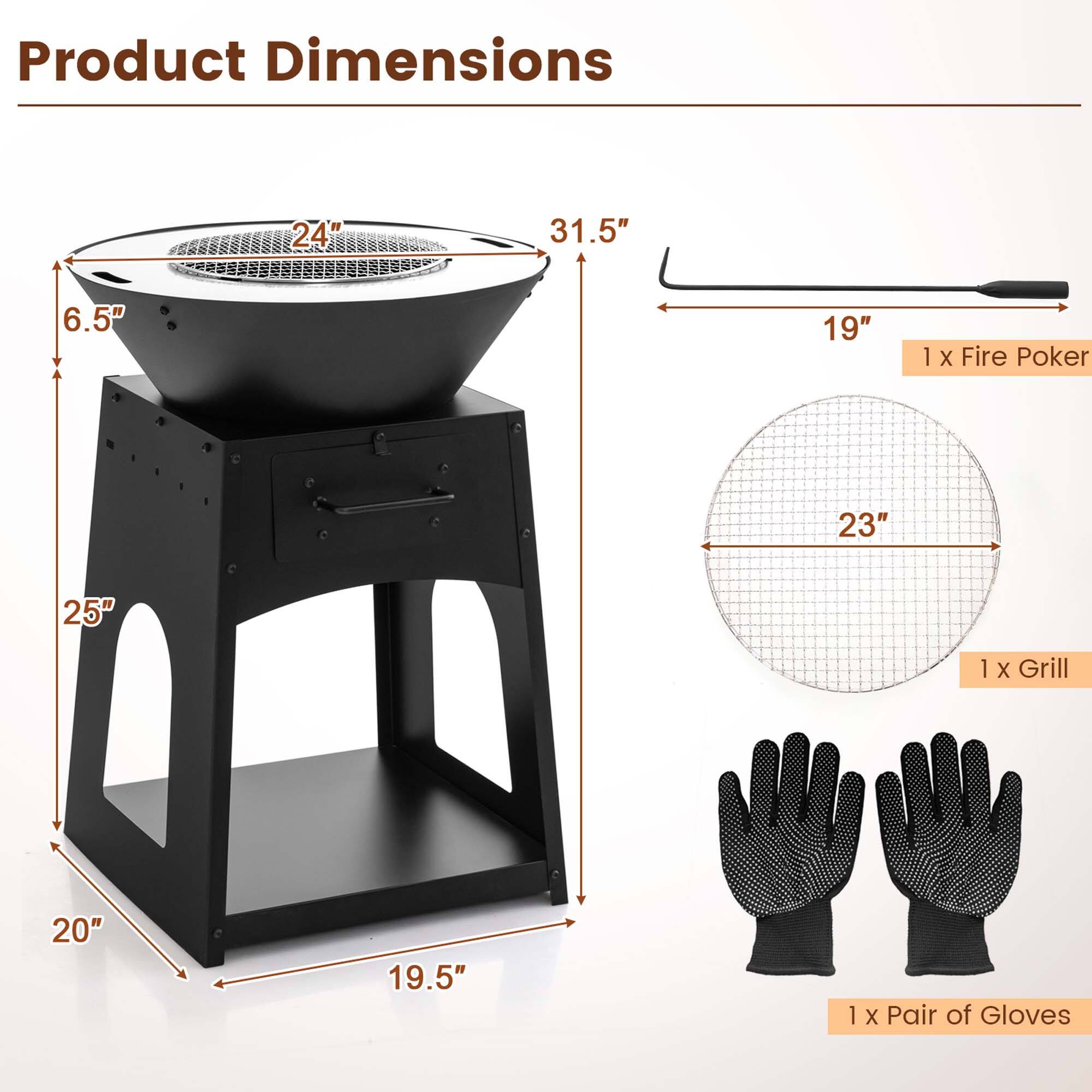 Product Dimensions: 24" x 31.5" x 6.5"
1 X Fire Poker: 23" x 25"
1 X Grill: 20" x 19.5"
1 X Pair of Gloves